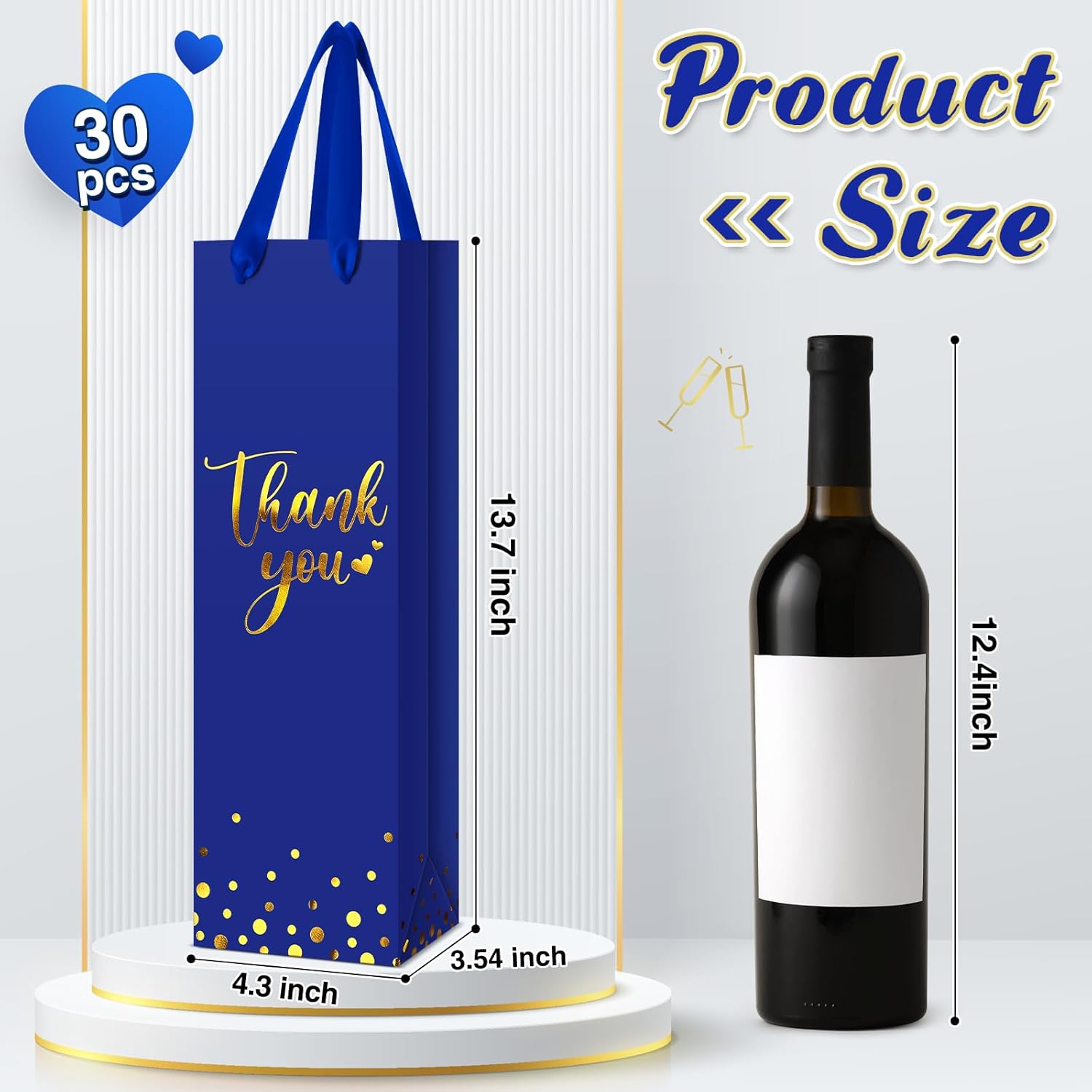 Ctosree 30 Pcs Wine Bottle Gift Bag with Handle 4.3x3.5x13.7 Liquor Paper Bag for Thank You Favor Gold Foil Kraft Whiskey Tote Carrier for Graduation Party Wedding Birthday(Royal Blue)