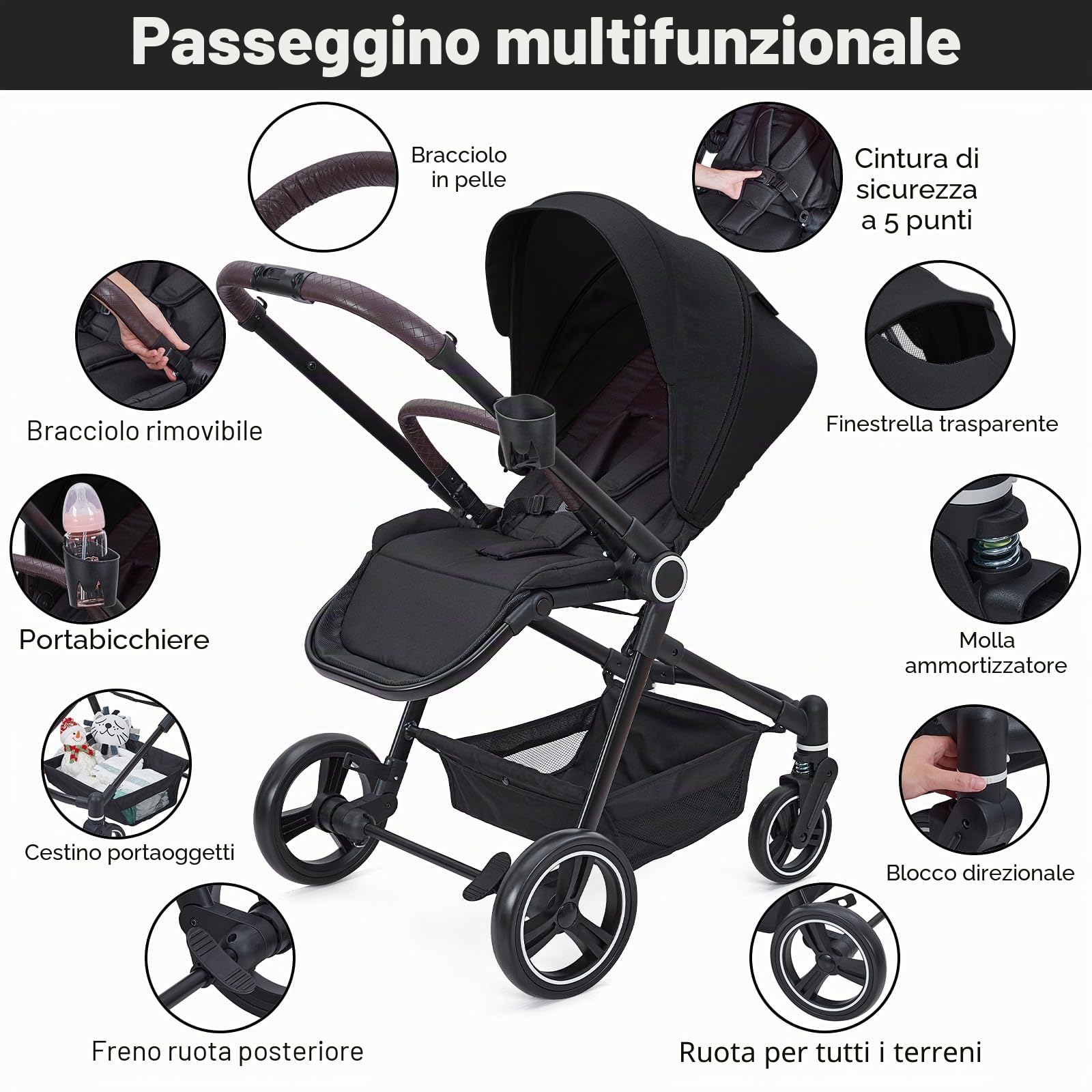 Passeggino, passeggino 3 in 1, set di passeggini con sedile sportivo, passeggino e seggiolino sportivo pieghevole con un clic, portatile, parapioggia, grande tettuccio estraibile