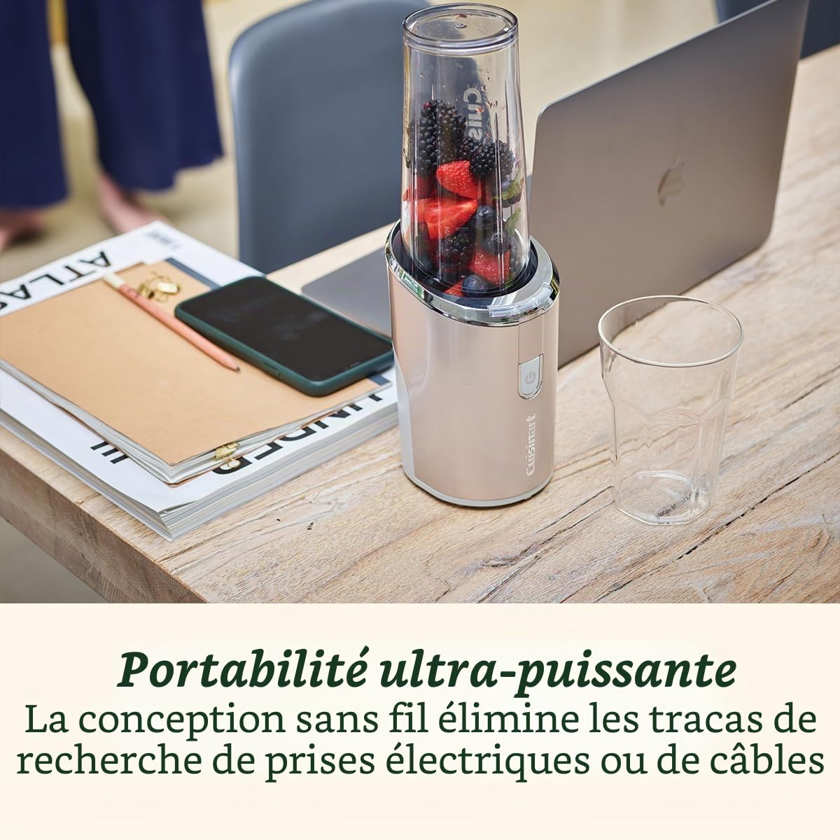 Cuisinart Blender sans fil 450 ml Bouteille de smoothie portable, broyeur à glace, frappe, milkshakes rechargeable par USB, tasse à mélanger portable sans BPA avec couvercle inclus