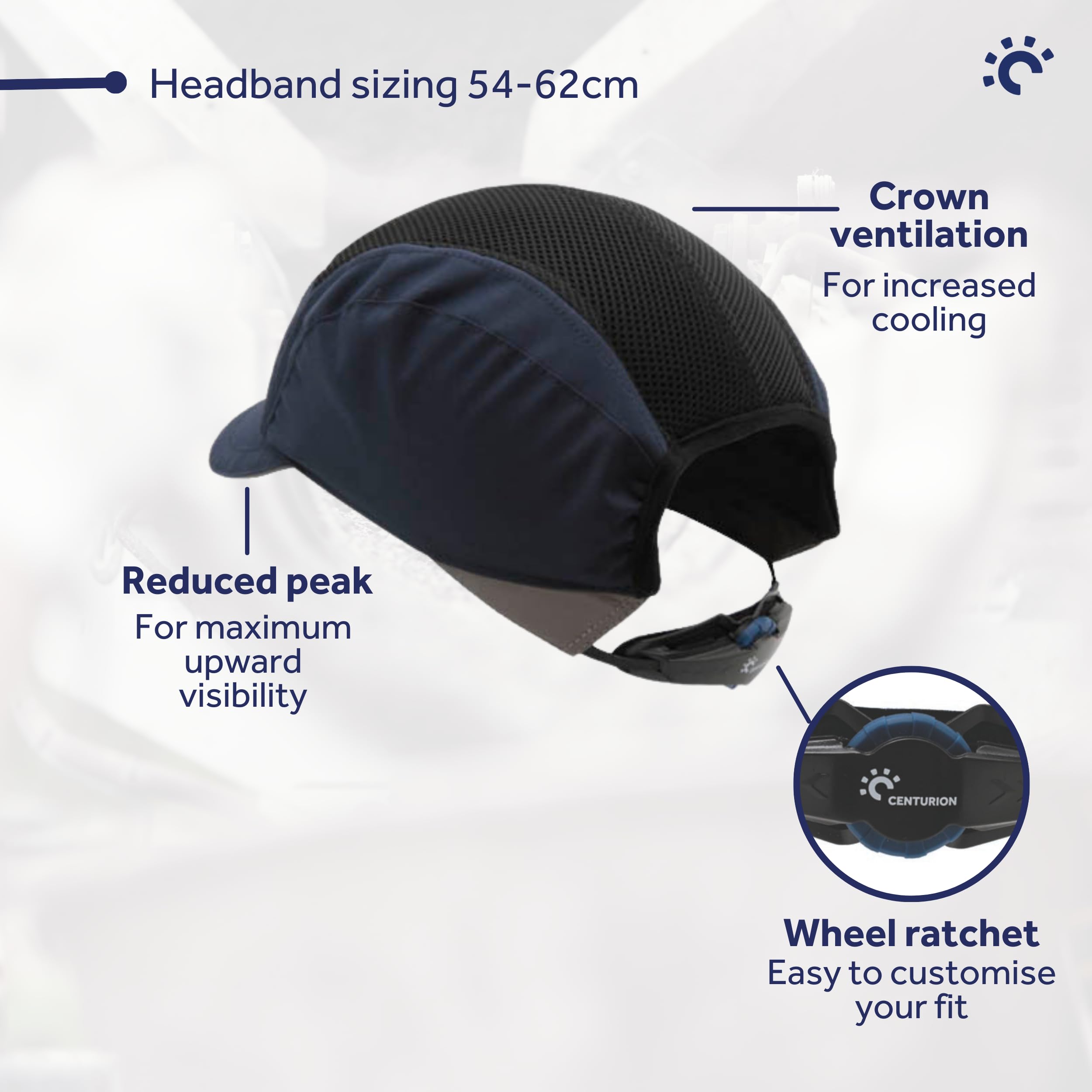 Centurion Safety Products - Gorra AirPro SecurePlus con Visera Corta - Protección de Cabeza Estilo Gorra de béisbol - Ajuste Seguro a la Cabeza con un trinquete de Rueda - Tamaño de la Diadema de 54