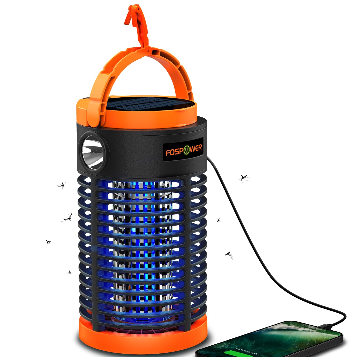 FosPower Bug Zapper Outdoor & Indoor (5-in-1) 3300V Mosquito Zapper with 29600mWh Power Bank, Rechargeable USB/Solar Charging, Flashlight, Reading Light, SOS Signal for Patio, Camping Essentials