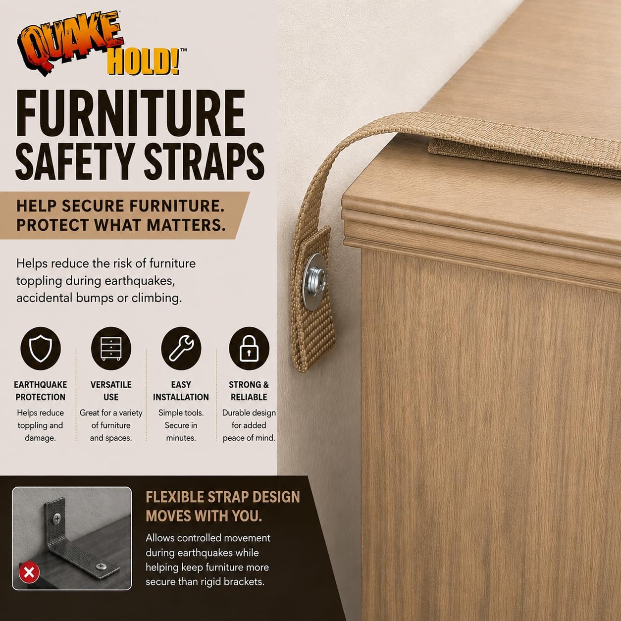 QuakeHold Furniture Straps - Earthquake Safety -2 QuakeHold Furniture Straps - Earthquake Safety -2