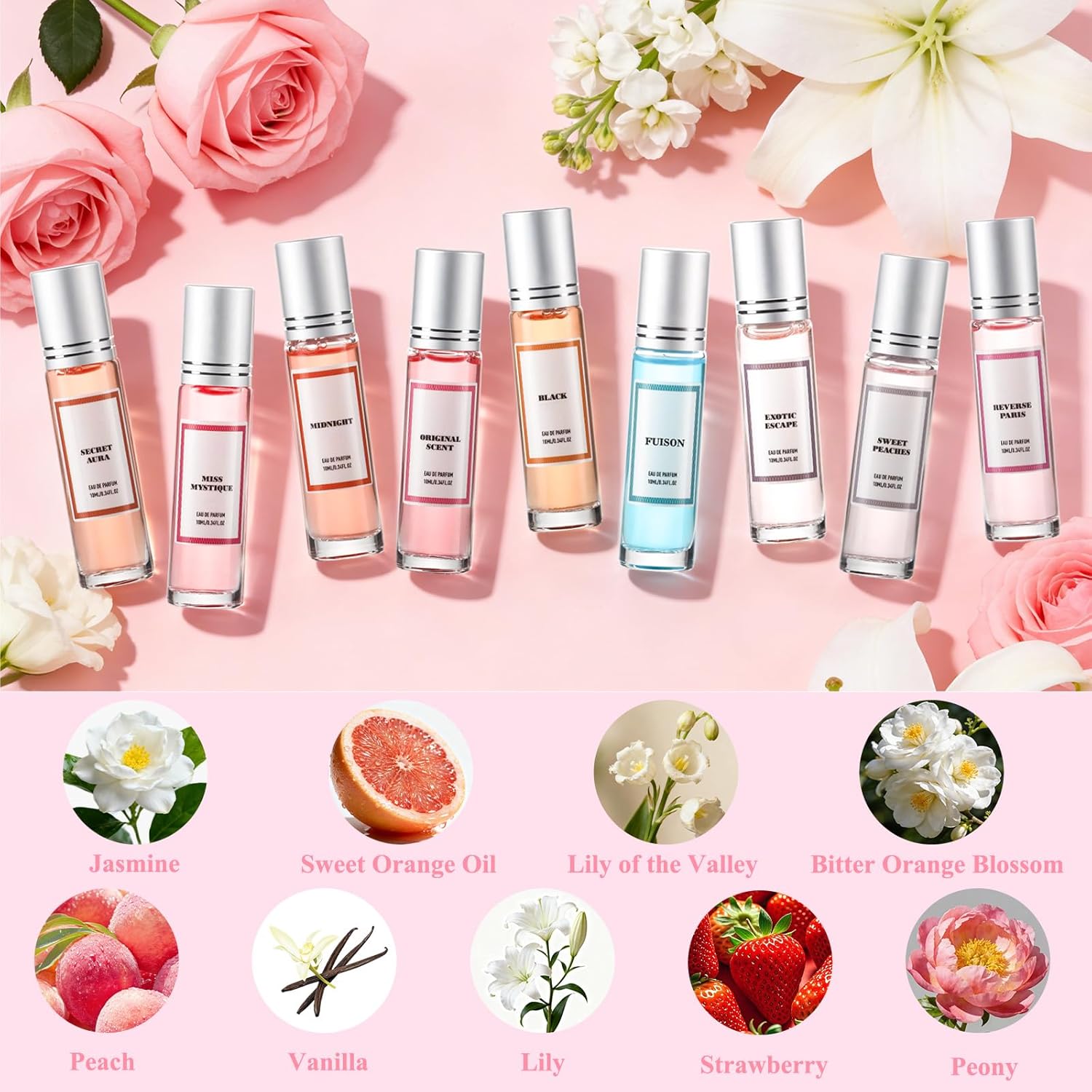 Valentines Day Perfume Gift Set for Women, 9 Pcs Roll On Perfume Oil Set, Floral, Fruity, Amber, Vanilla & Musk Scents, 10ml Travel Size Long Lasting Perfumes for Women & Galentine's Day Gifts for Her - Image 3