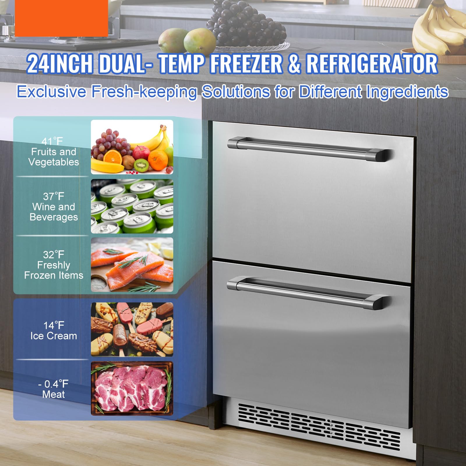 Happybuy 24" Undercounter Refrigerator, 2-Drawer With Adjustable Temperature Zones, 4.87 Cu.Ft Capacity, Waterproof For Indoor/Outdoor Use, Compact Fridge For Home And Commercial Settings on Fridge.com - View 2
