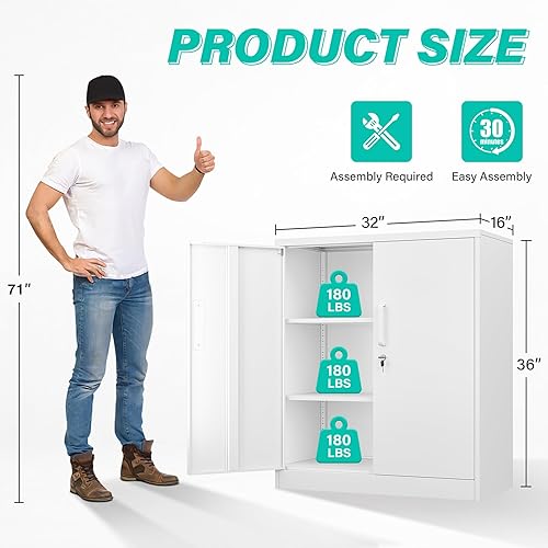 Miniatura 2 de SISESOL 36 inch Storage Cabinet with Doors and Shelves,White Metal Storage Cabinet,Small Locking Metal Cabinets,Short Steel Counter Cabinets with