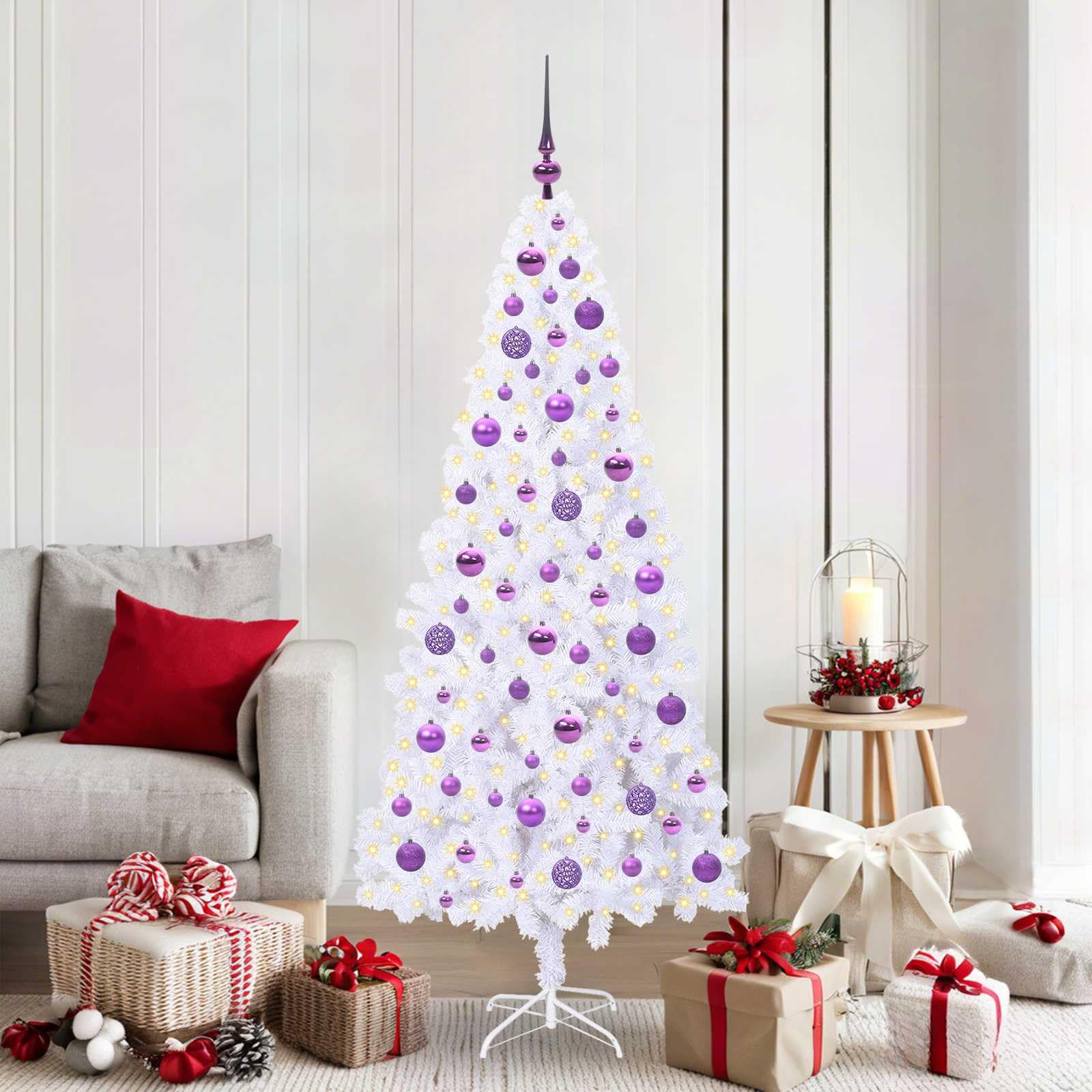 Albero di Natale artificiale bianco 180 cm, PVC & acciaio, 300 luci LED viola, 8 modalità, funzionamento USB, per interni ed esterni protetti, decorazione festiva