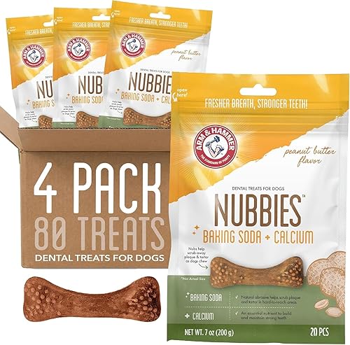 Arm & Hammer for Pets Nubbies Dental Treats Baking Soda Calcium Nubbed Texture Scrubs Plaque Tartar Peanut Butter Flavor Daily Oral Care 20 Count 7 OZ 4 Pack for Dogs at Home Daily Hygiene Routine