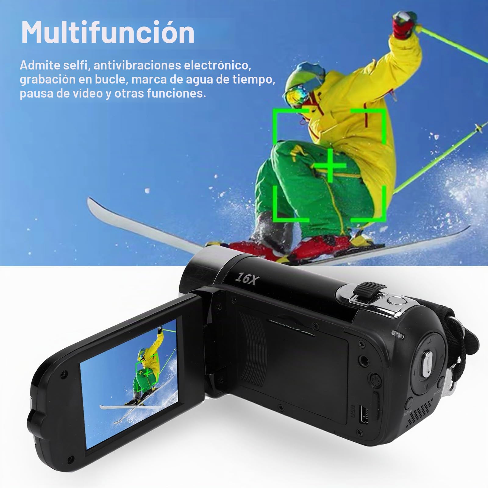 Elprico Videocámara con Cámara de Vídeo, Zoom Digital 16X, Pantalla Colorida de 2,4 Pulgadas, Cámara Vlogging Antivibración para Youtube, Videocámara con Grabación de Vídeo en Bucle para