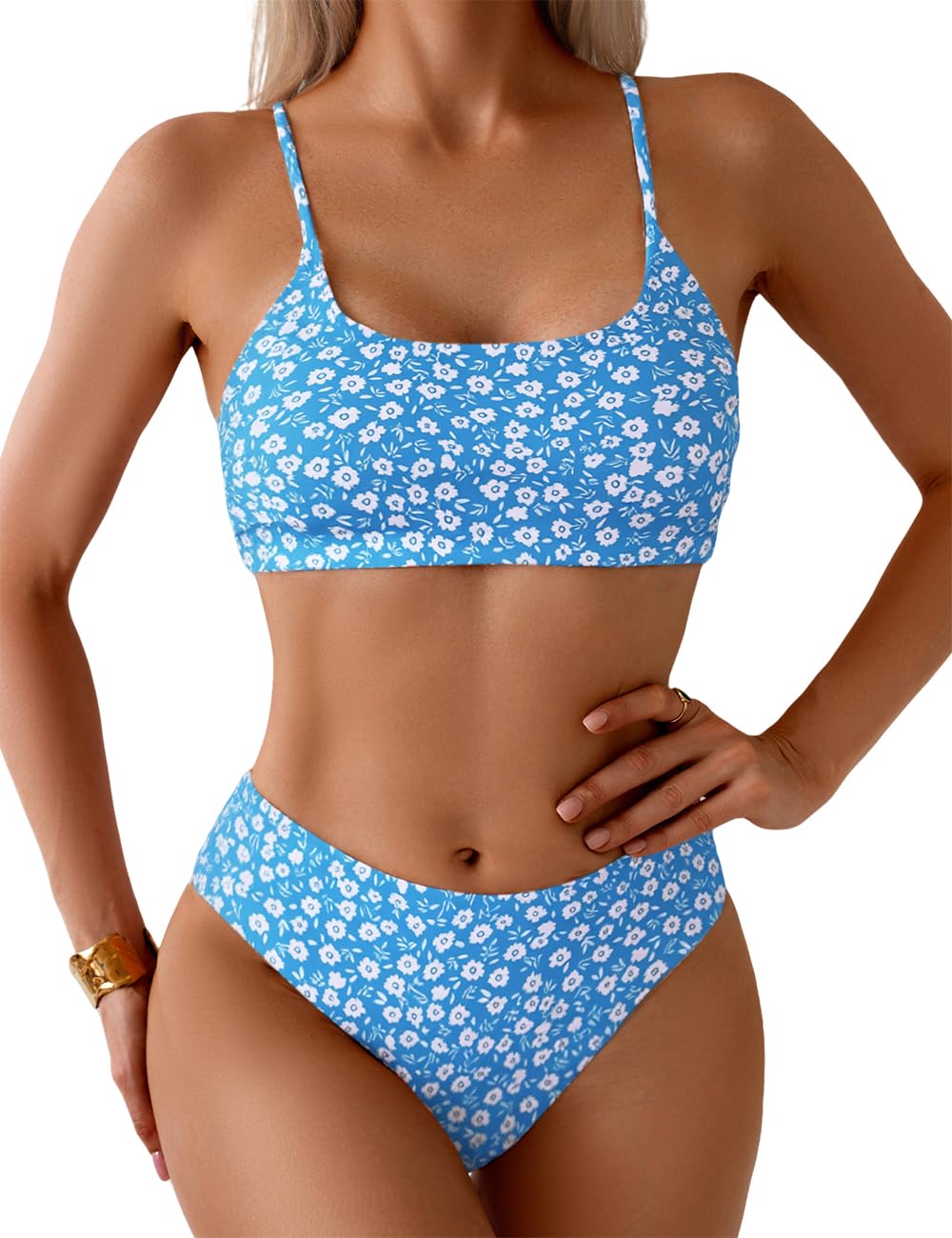 Women's Two Piece Swimsuit Floral Print Bikini Sets Spaghetti Straps Scoop Neck Mid Waist Cheeky Bathing Suit, Blue Floral, Small-image-38