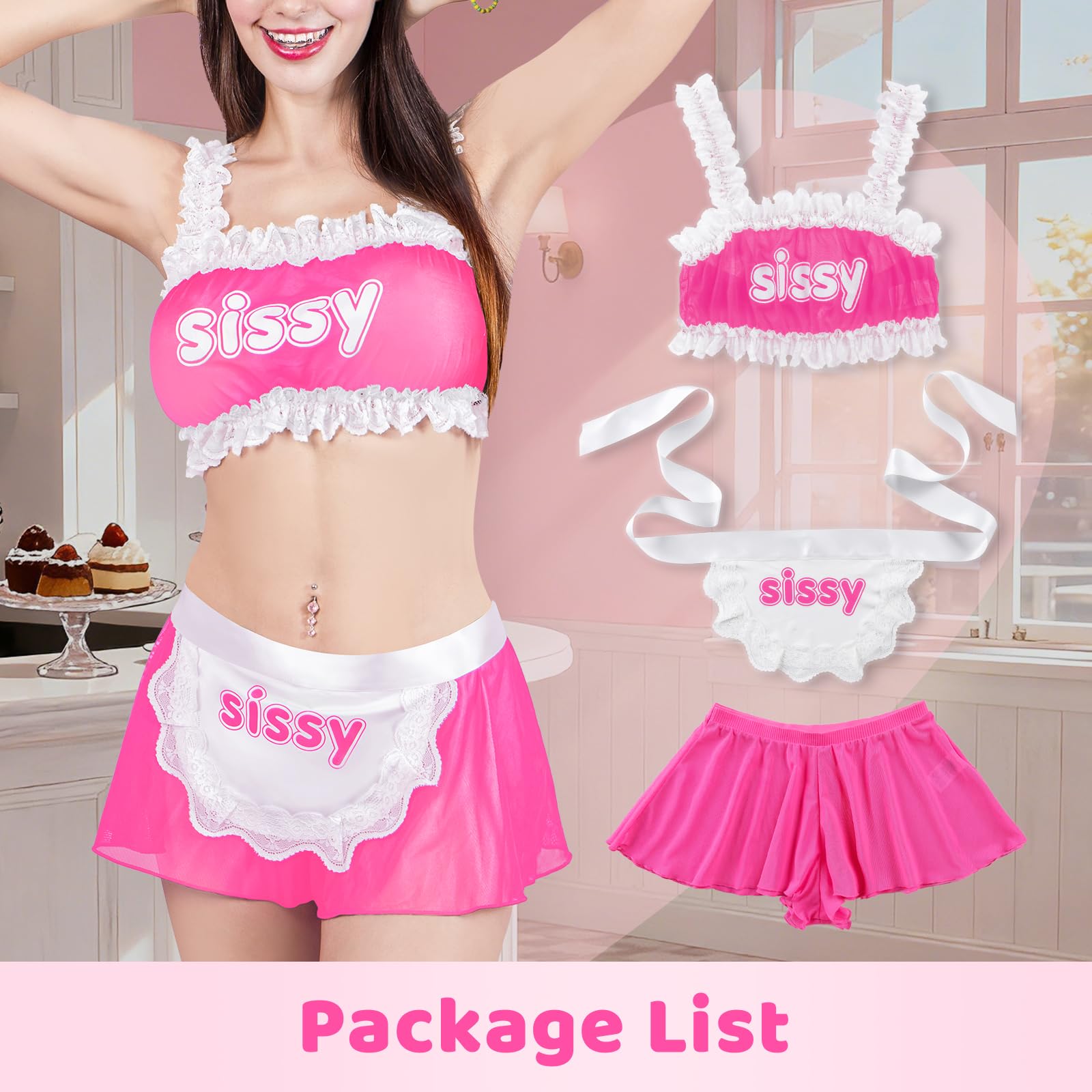 LittleForBig Unisex regulowana koronkowa bielizna nocna bielizna nocna z siateczki, odzież wypoczynkowa, Sissy Maid przezroczyste braletki rocked zestaw majtek ze zdejmowanym fartuchem