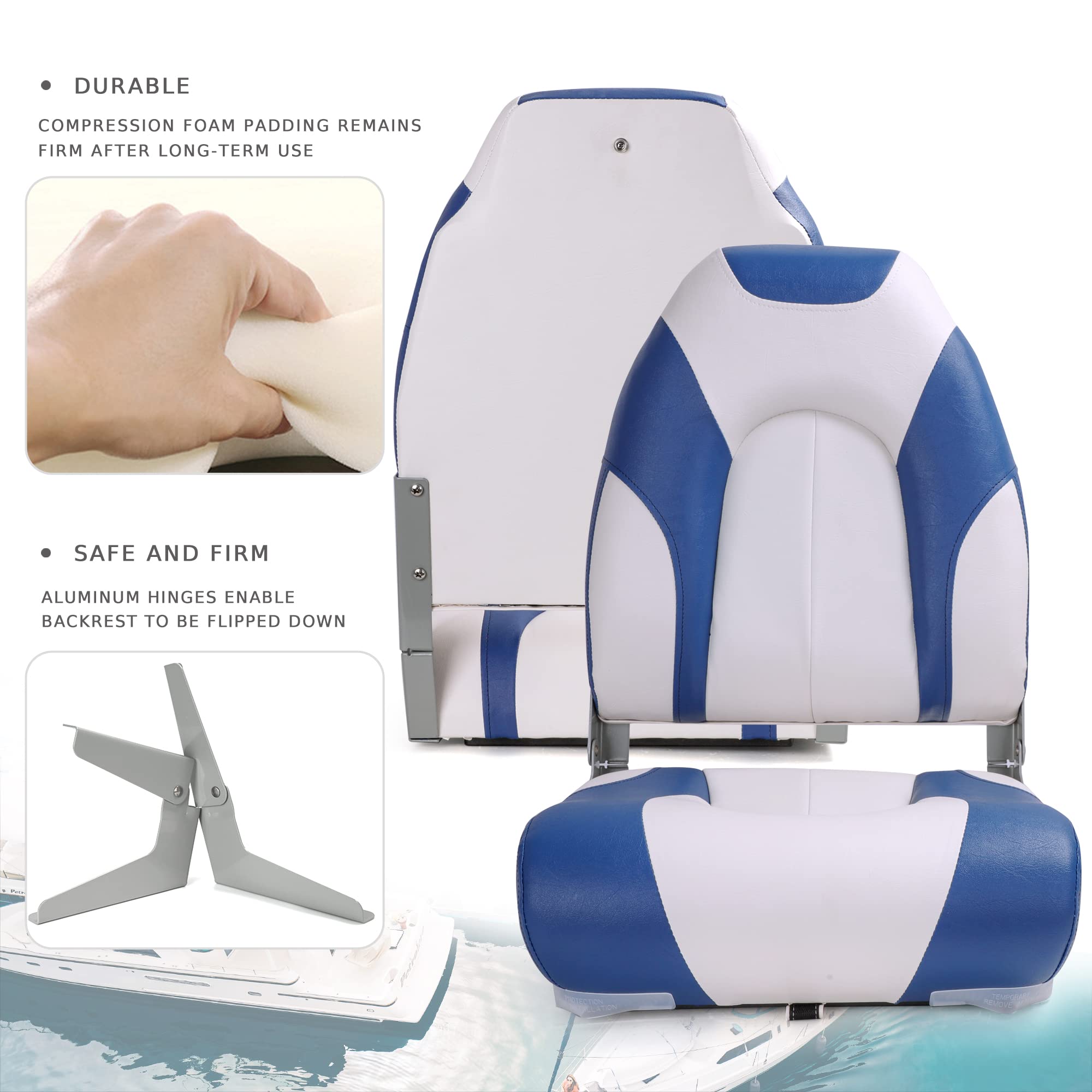 Deluxe Marine Klappbarer Bootssitz mit hoher Rückenlehne, Edelstahlschrauben im Lieferumfang enthalten, Stil C11-Weiß Pazifikblau (2 Sitze)
