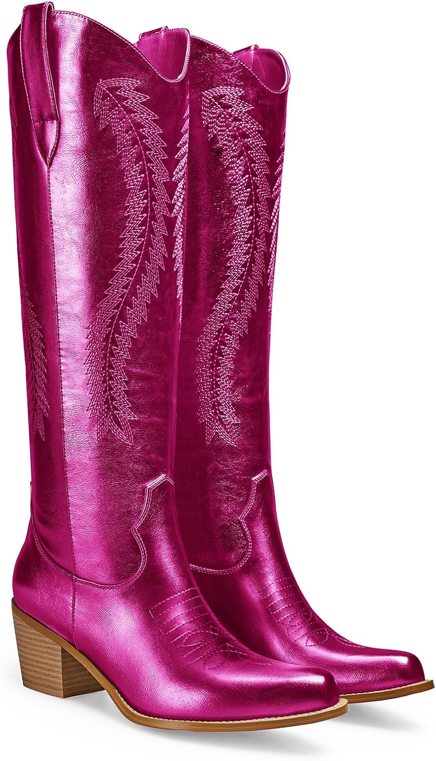 Metallic Cowboy Boots for Women Sparkly Embroidery Wide Calf Cowgirl Boots Mide Calf Western Fashion Chunky Heel Pull on Pointy Toe Shiny Classic Party Retro Boots