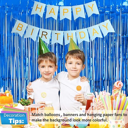 Miniatura 2 de Paquete de 4 cortinas de flecos de papel aluminio azul de 3.28 x 8.2 pies, cortina de telón de fondo para puerta de oropel para cumpleaños, boda,