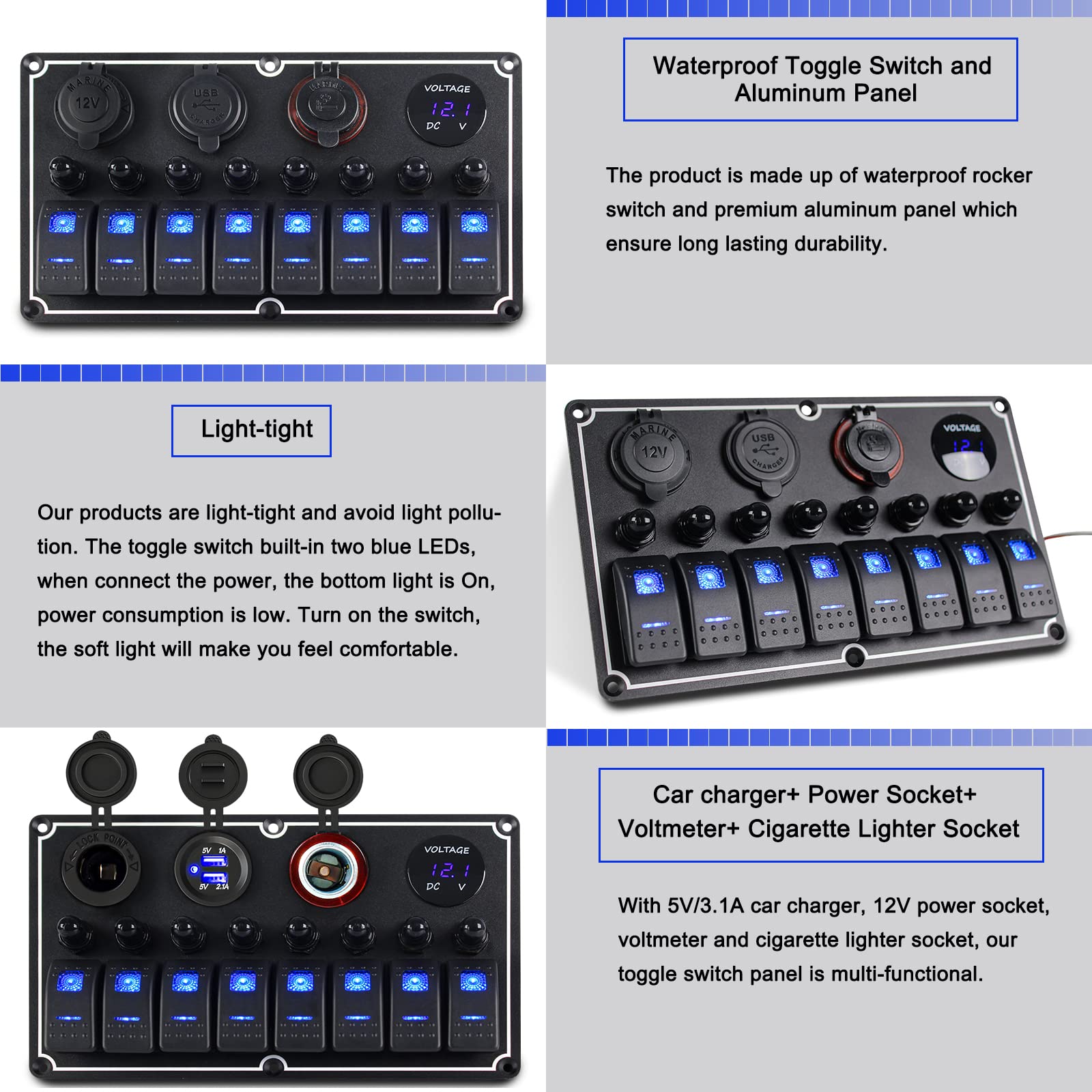 Waterproof Rocker Switch Panel Mount Boat Accessories Waterproof 8-Gang Rocker Switch Panel With USB ...