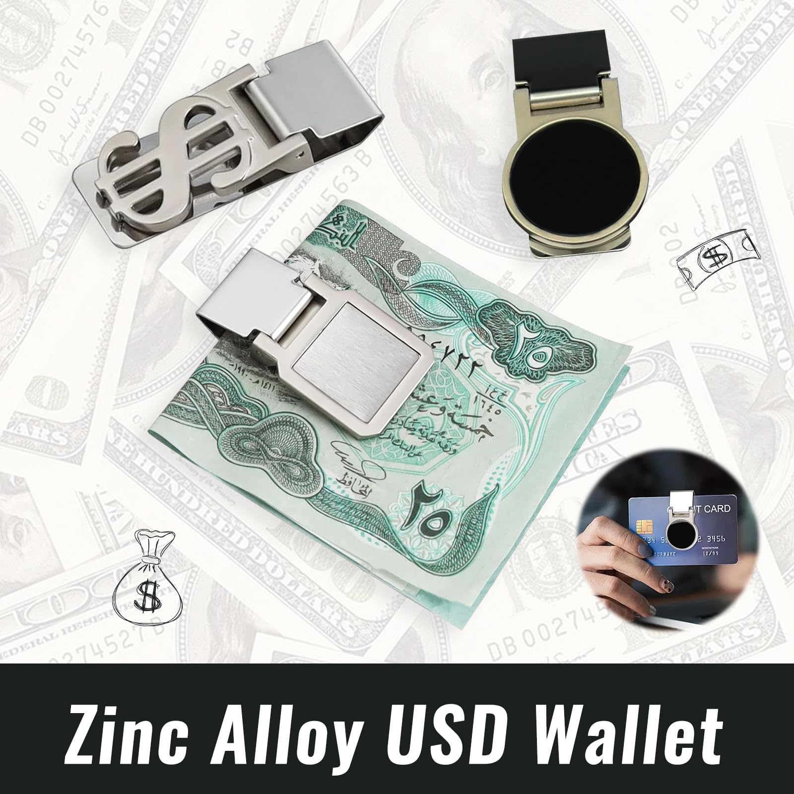 Ylinwtech 3 sztuki klamerek do banknotów, stal nierdzewna, srebrne, ze stali nierdzewnej, do galwanizacji, wykwintny styl, do banknotów, wizytówek, kart kredytowych (srebrne), srebro, Łatwy w użyciu