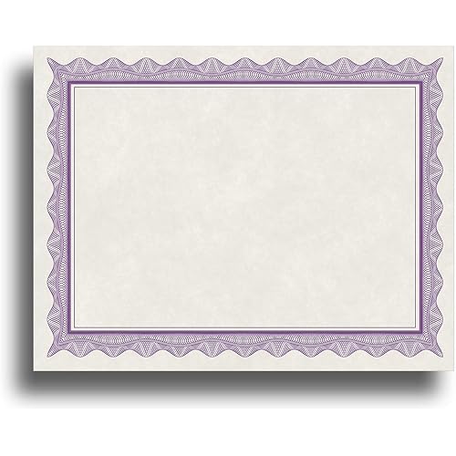 Blank Parchment Certificate Paper for Awards - Works with Inkjet/Laser Printers - Measures 8 1/2" x 11" - Purple Border - 25 Sheet Pack