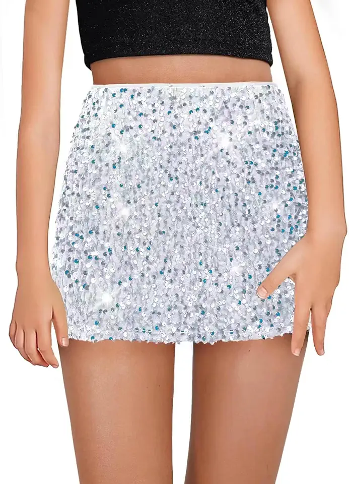 CharmWM Girls Sequin Skirt Kids Fashion High Waisted Sparkle Glitter Party Short Dress Mini Skirts 5-14 Years