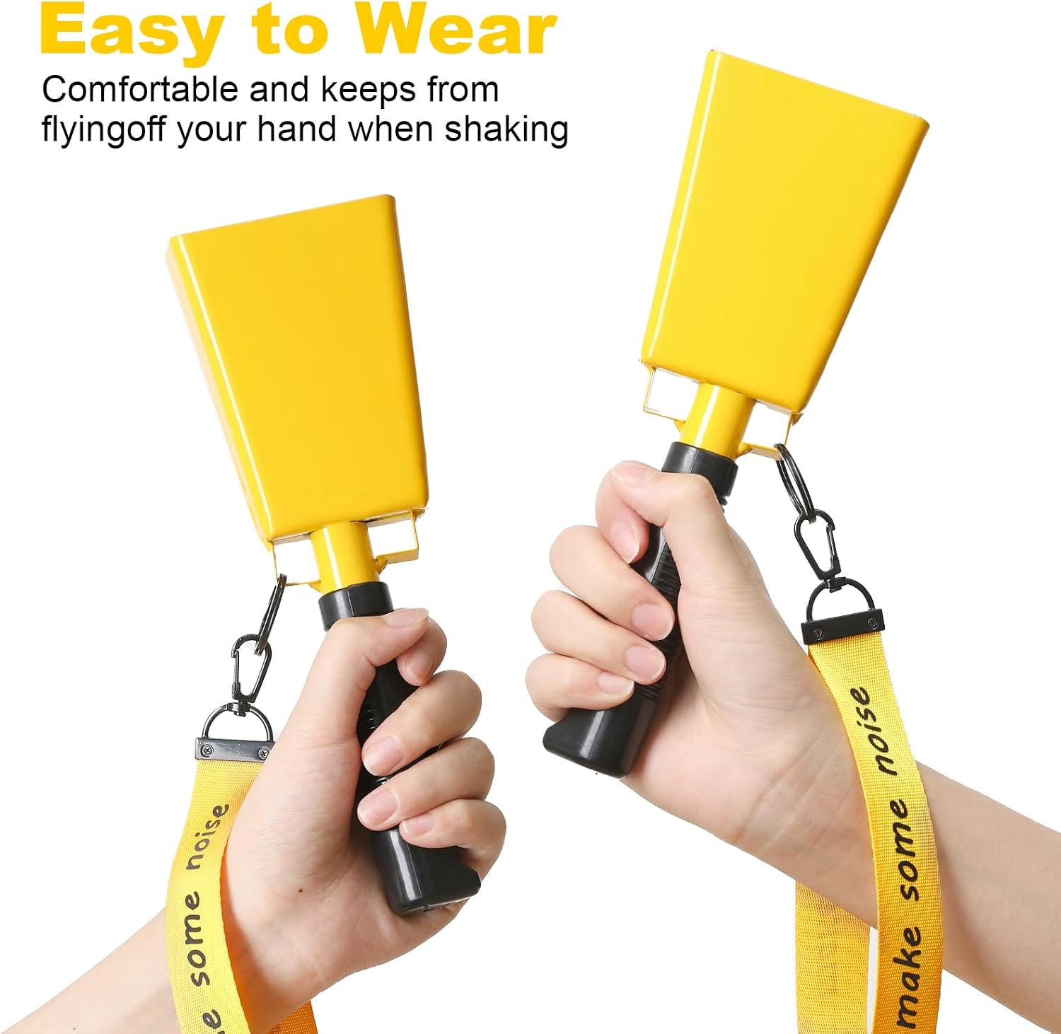 Cow Bells with Wrist Strap - Cowbell with Handle 2pcs, Customizable Cowbells for Sporting Events, for Football Games,Chimes, Percussion, Musical Instruments, Call Bell, Farm Ranch (yellow)