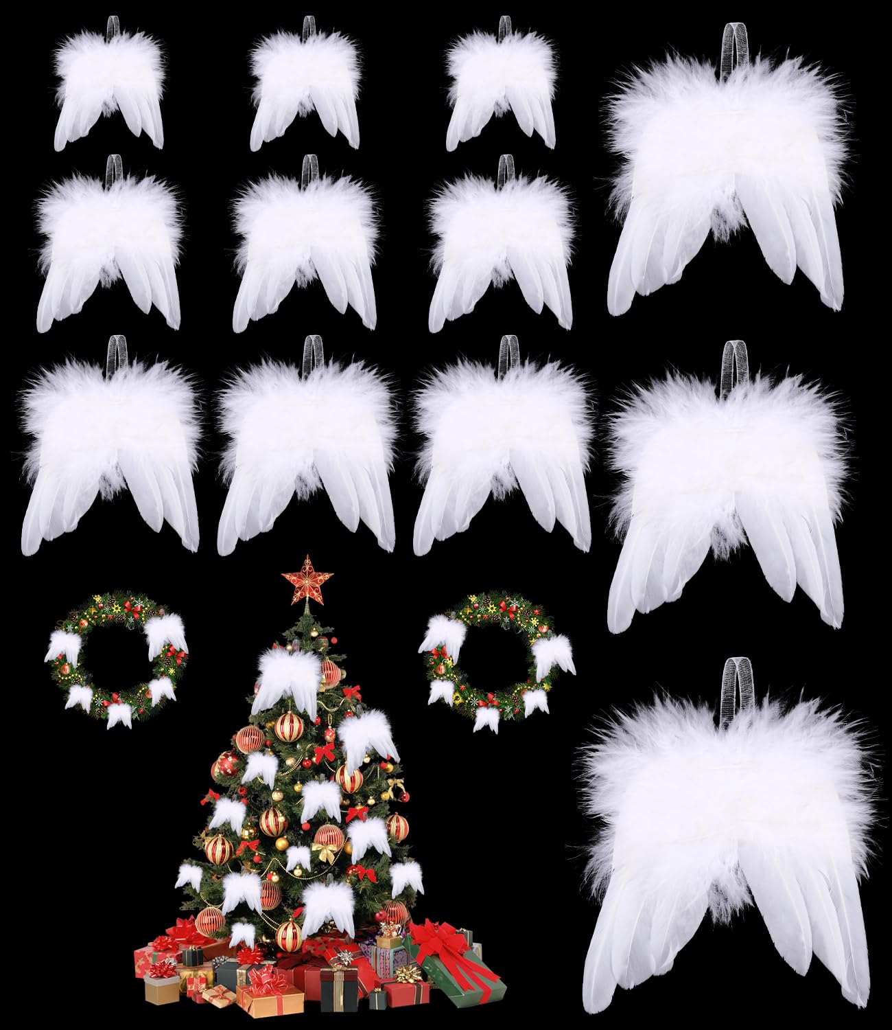 12 Piezas Navidad Alas de ángel, Decoraciones Navideñas Blancas, Angeles de Navidad, Árbol de Navidad Colgante Adorno, Navidad Decoración, Blanco Plumas Adornos, para Árbol de Navidad, Bodas, Fiestas