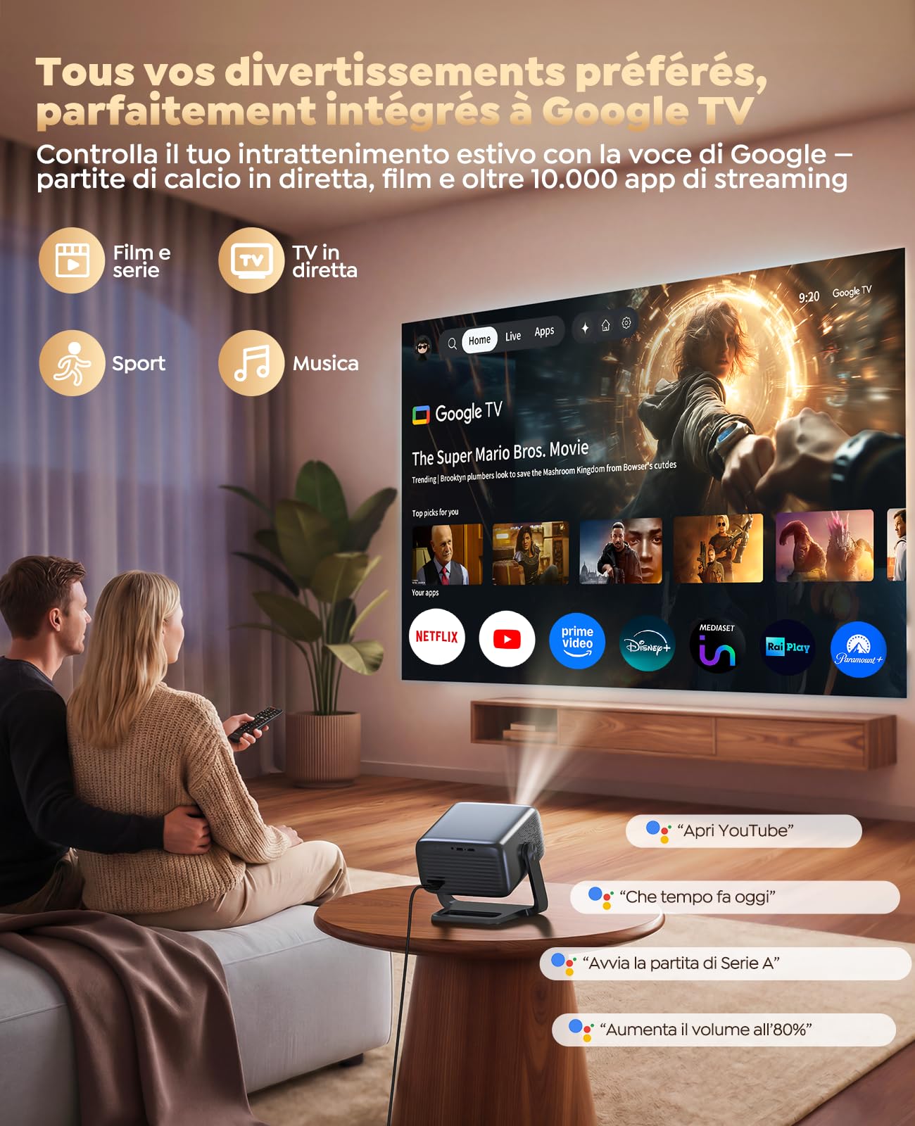 Proiettore 4K【Google TV, 1200 ANSI, 360° Rotazione, 30W HiFi】Videoproiettore HDR10 Auto Focus e 6D Keystone, WiFi Bluetooth, Proiettore Portatile Controllo Vocale, Projector Soffitto e Home Cinema