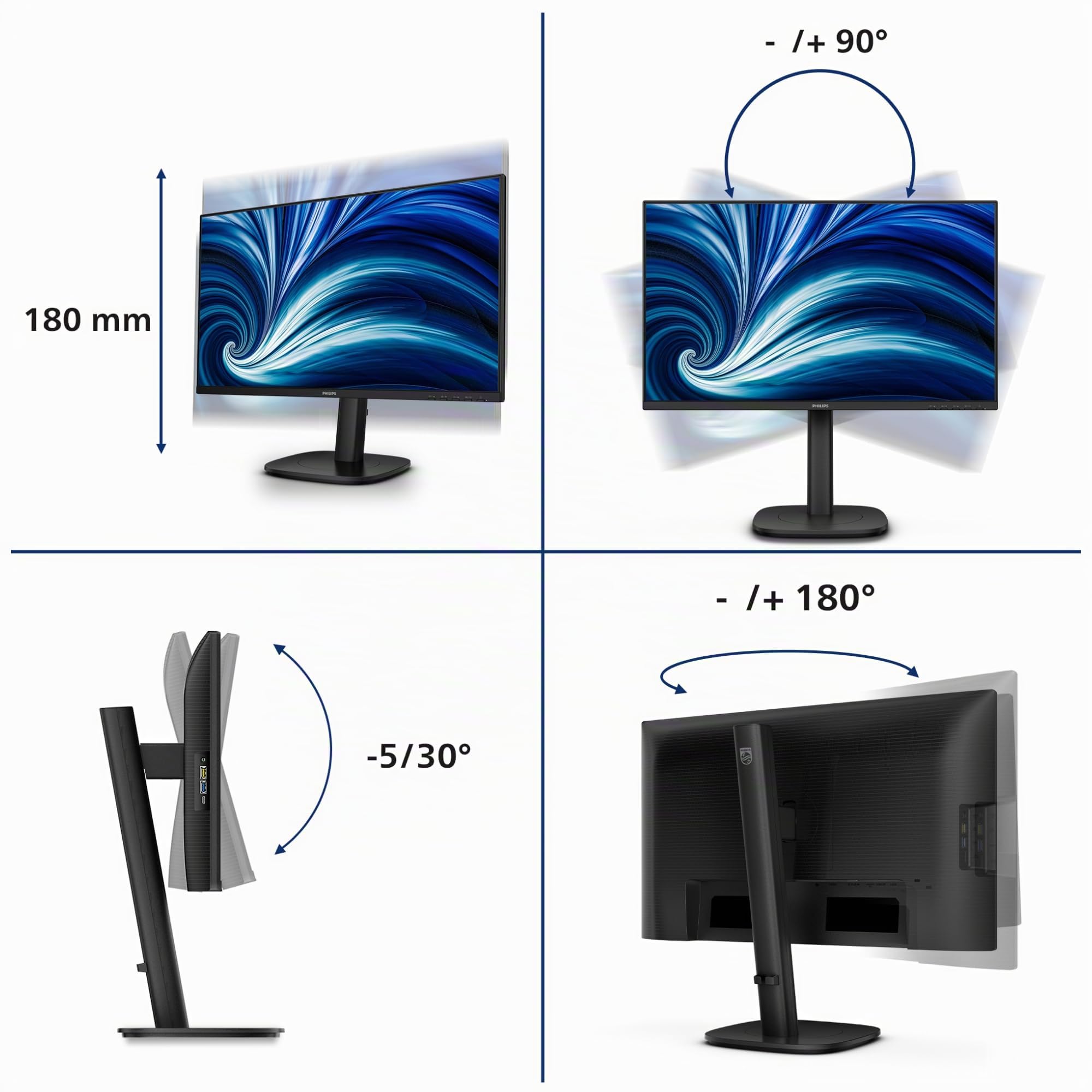 Philips Monitor 24B2N3200D 24 pollici 1920x1200, WUXGA, 100Hz, IPS Panel, 4ms GtG, USB Hub Speakers, Height Adjustment, (HDMI1x 1.4 DP 1x 1.2) Nero