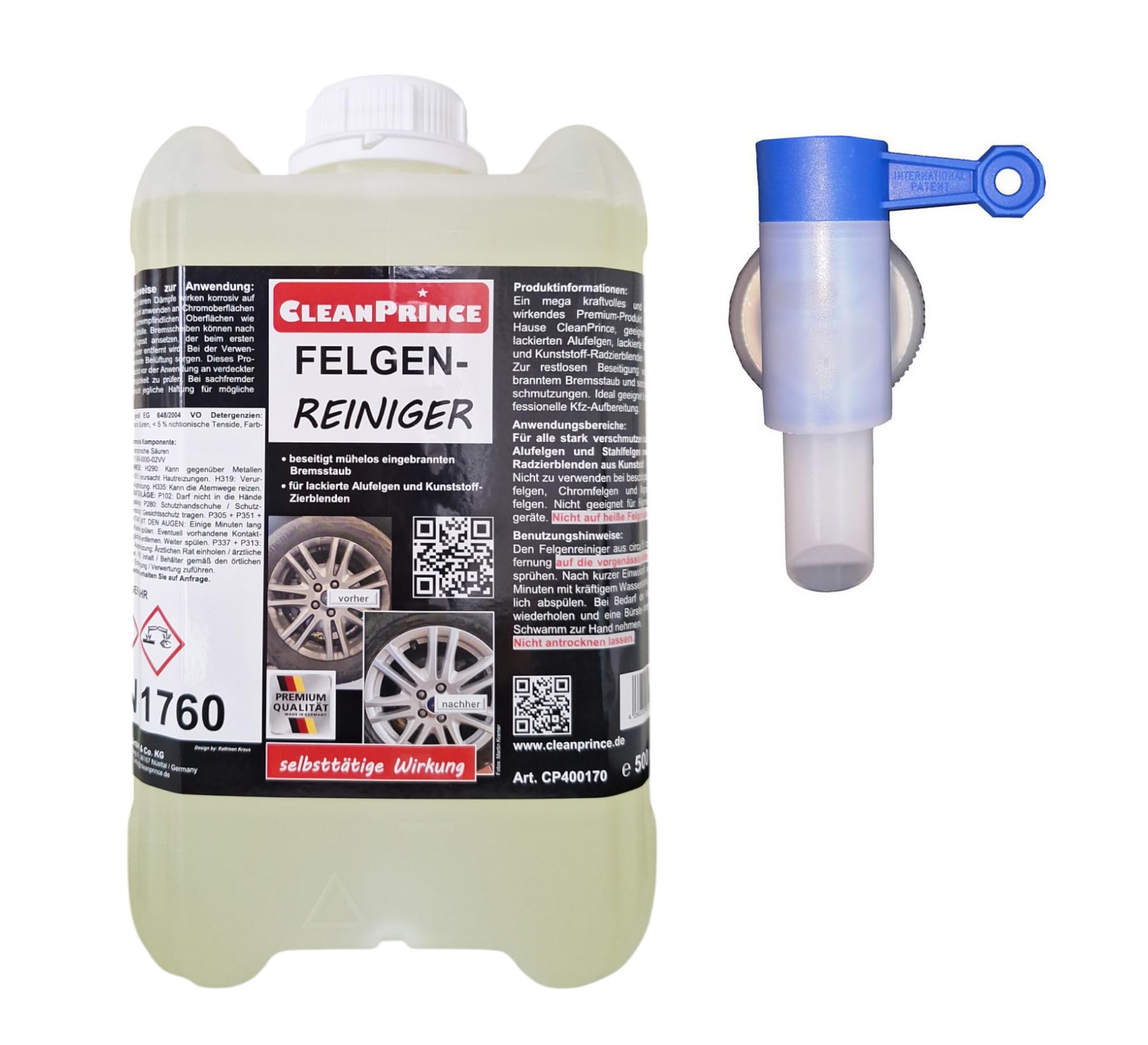 5 Litre cleanprince Jante Propre Prêt à L'em Ploi 5000 ML Nettoyant en Alliage Peu de Poussière Acier Enjoliveurs Produits Entretien Intensif Auto Atelier Voiture Kfz Lave-Auto Rim Autpaufbereitung
