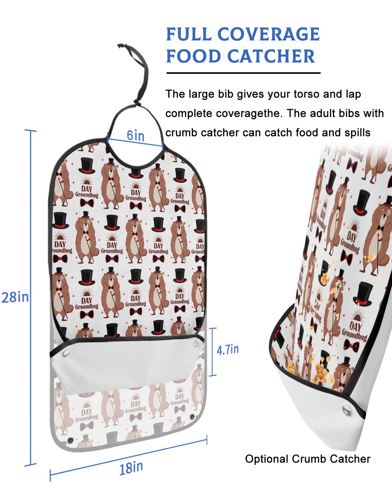 Funny Animal Adult Bib for Eating with Crumb Catcher,Washable & Waterproof Terry Cloth Adjustable Elderly Women Men Adult Bibs Funny Apron Reusable Clothing Protector Happy Groundhog Day Brown White