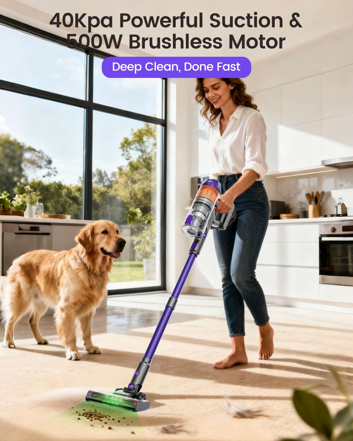 Cordless Vacuum Cleaner,500W 40KPa 60Mins Vacuum Cleaners for Home,Powerful Stick Vacuum With Green Light,Anti-tangle Wireless Vacumm, Rechargeable Vacuum for Pet Hair/Carpet/Hardwood Floor,Purple - image 2
