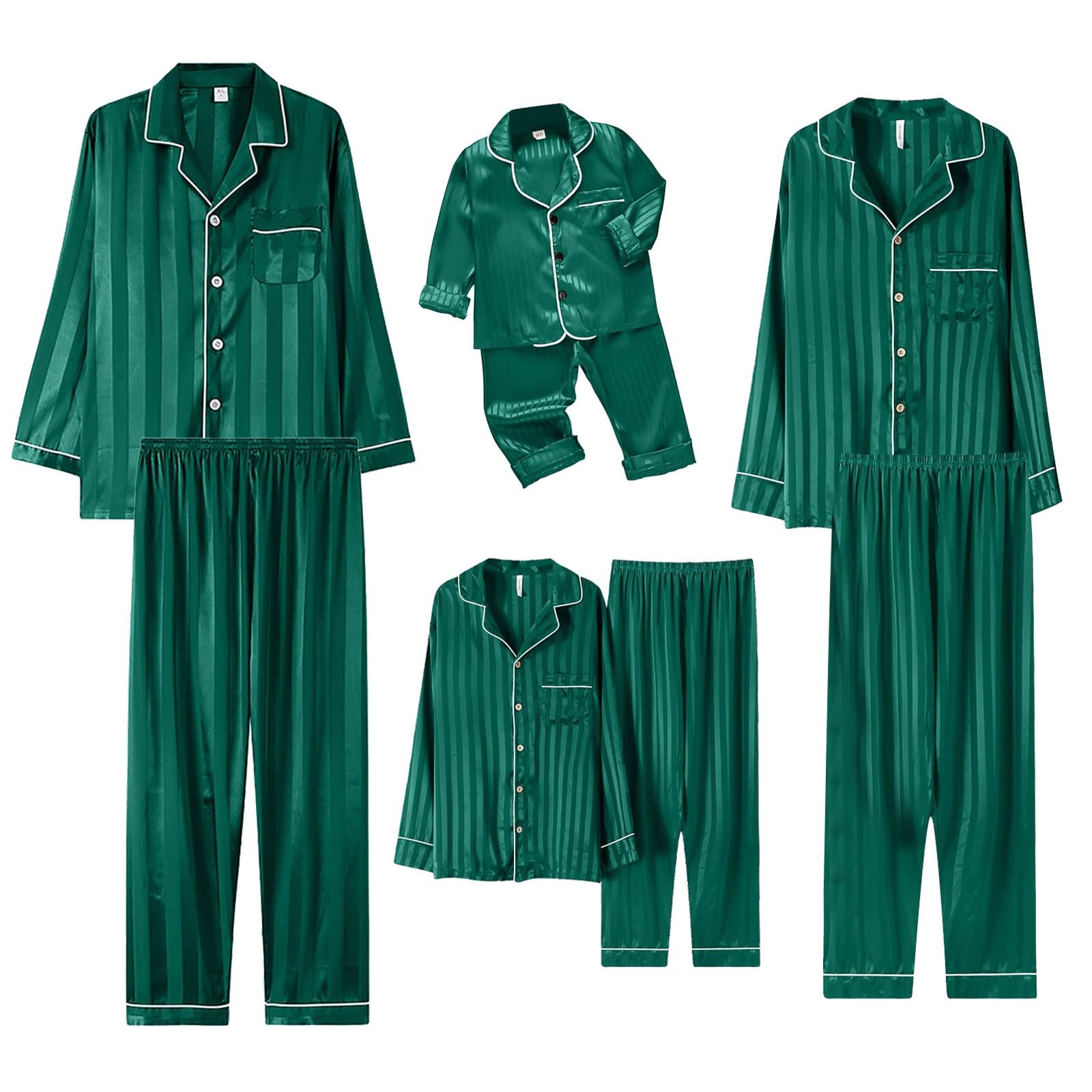 CGGMVCG Silk Satin Family Christmas Outfits Matching Sets Striped Button Down Shirt and Pants Silky Xmas Clothes for Pictures (Green, 13-14)