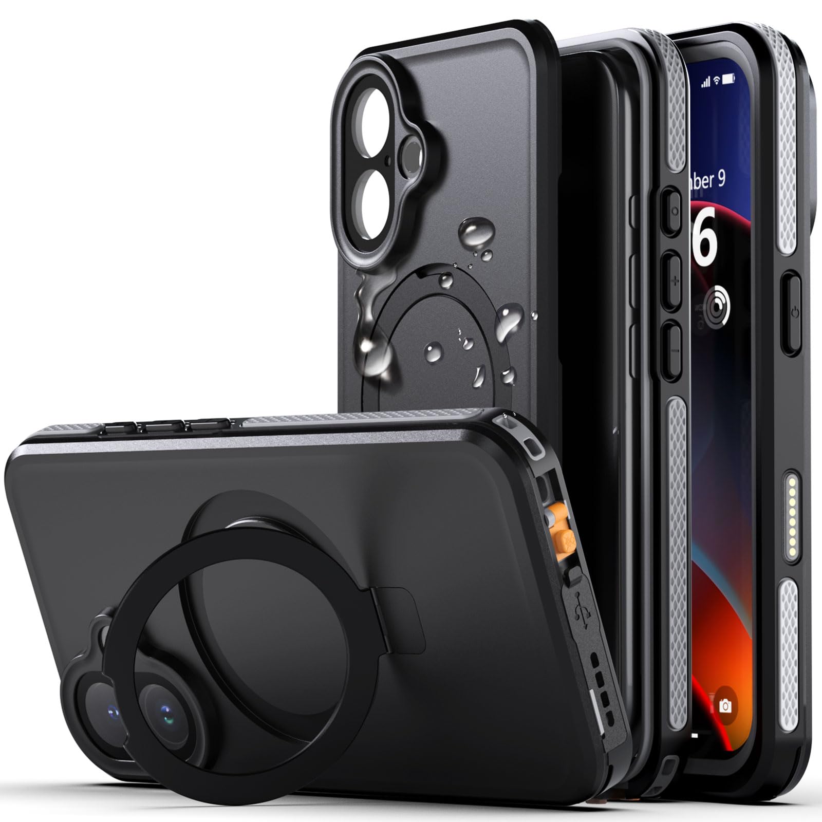 【IP68防水・隠し収納式スタンド】iPhone 17 用 ケース 防水 衝撃吸収 米軍MIL規格 水中撮影対応 Magsafe対応 顔認証対応 全面保護 完全防水 防雪 防塵 滑り止め 手持ちやすい 頑丈 耐衝撃ストラップ付き 雨の日、お風呂など適用 防水ケース（ 6.3インチ）
