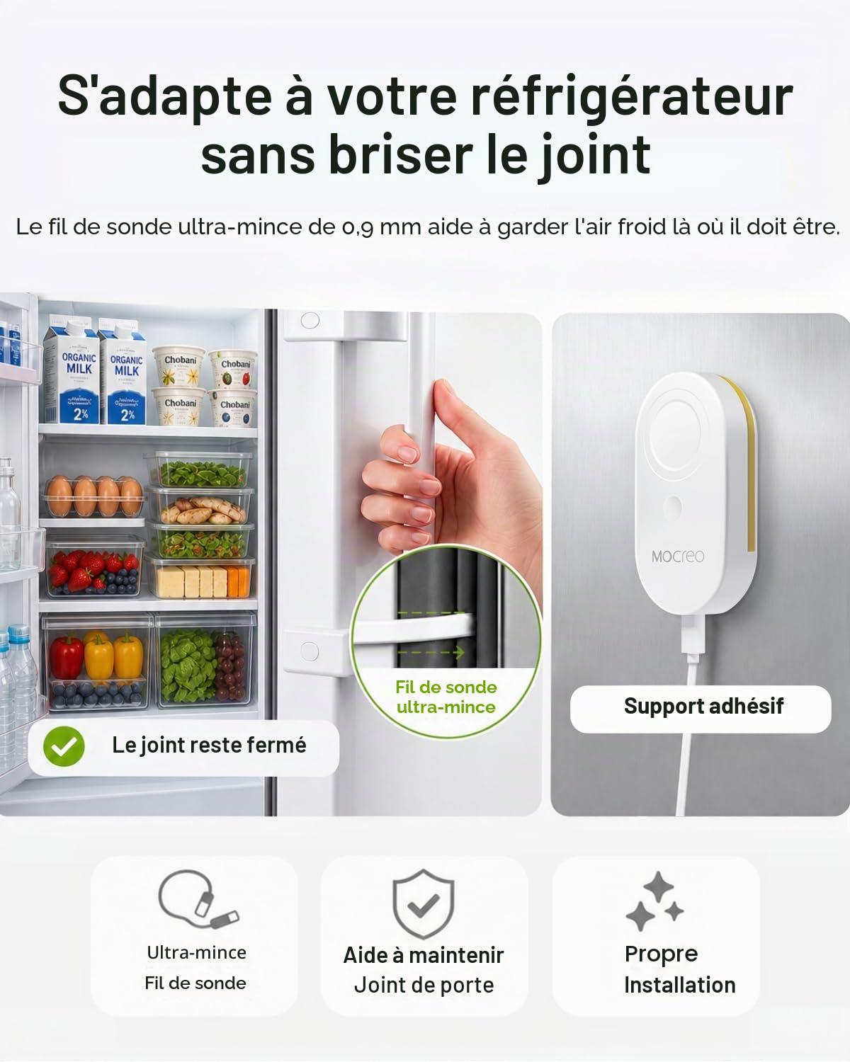 MOCREO Thermomètre WiFi pour réfrigérateur avec alarme de congélateur, alerte e-mail, notification d'application, enregistrement de données, exportation, sans frais d'abonnement, 2 capteurs de