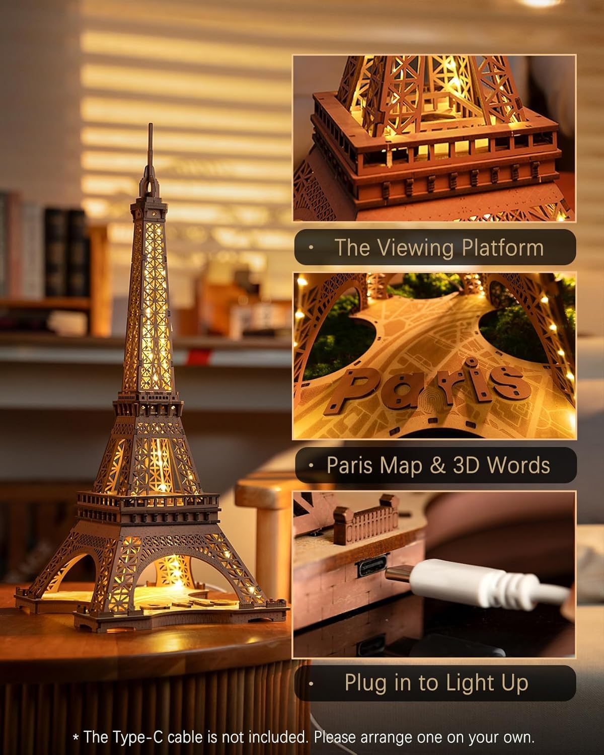 Rolife 3D Wooden Puzzles for Adults, Large Eiffel Tower Set-LED Model Building Sets, Paris Architecture Kits as Home Decor Gift Ideas for Women and Men.
