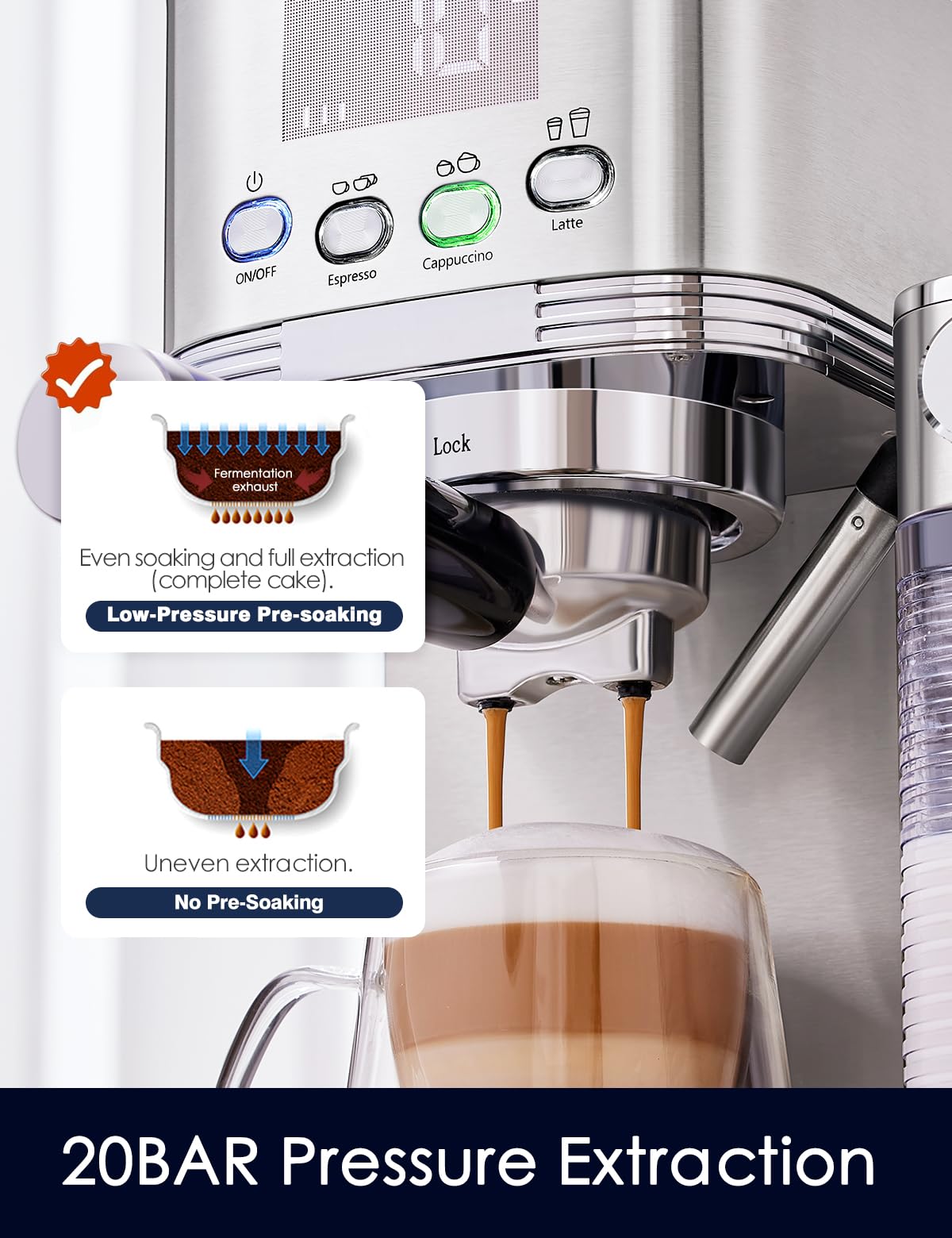CAFELFFE 6-in-1-Espressomaschine, Siebträgermaschine mit Milchtank, Automatische Cappuccinomaschine mit Selbstreinigung und 3 Temperaturoptionen, 1,3 l Edelstahl