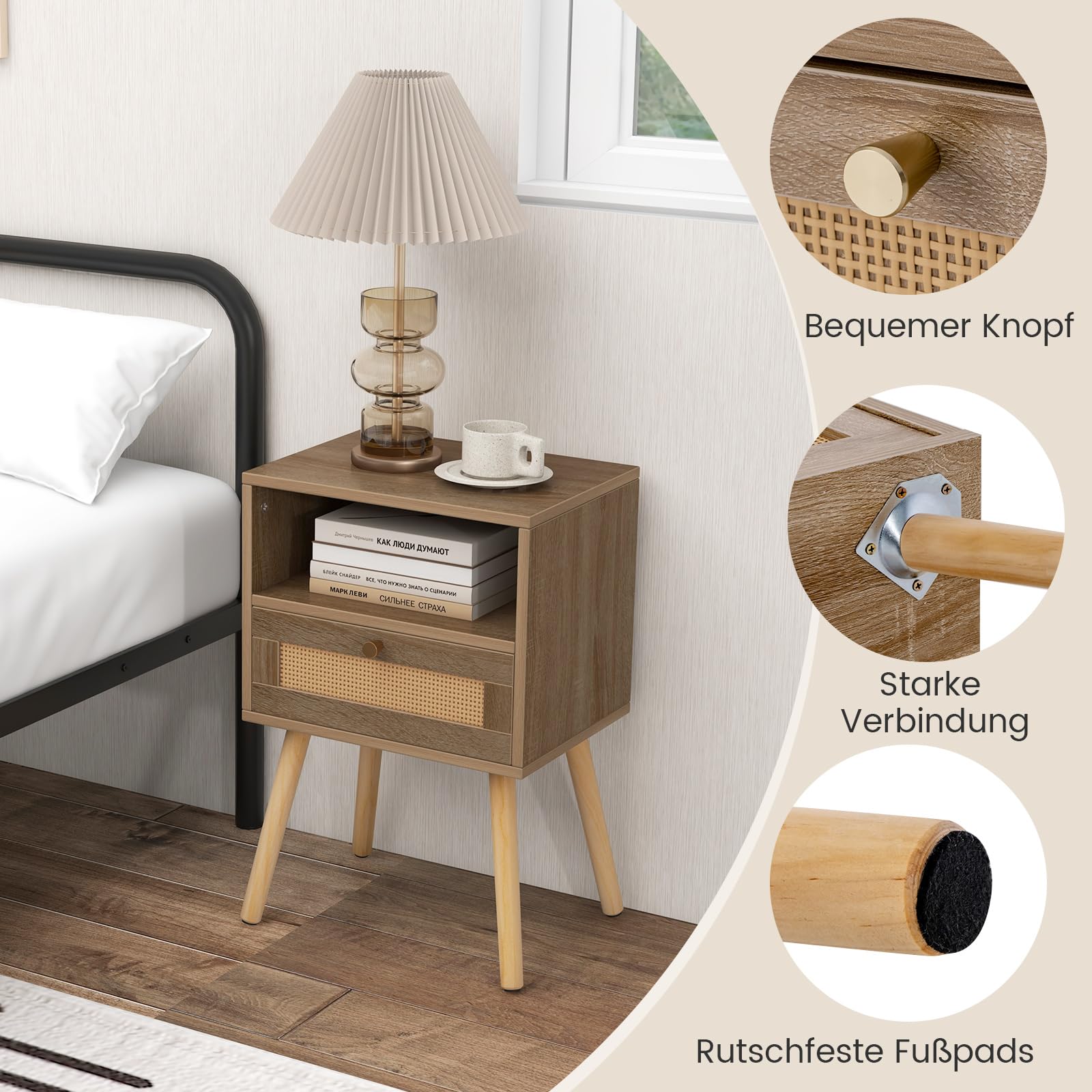 COSTWAY Stolik nocny z rattanu zestaw 2 szt. szafka nocna z szufladą i otwartą półką nogi z litego drewna boho 40x30 cm