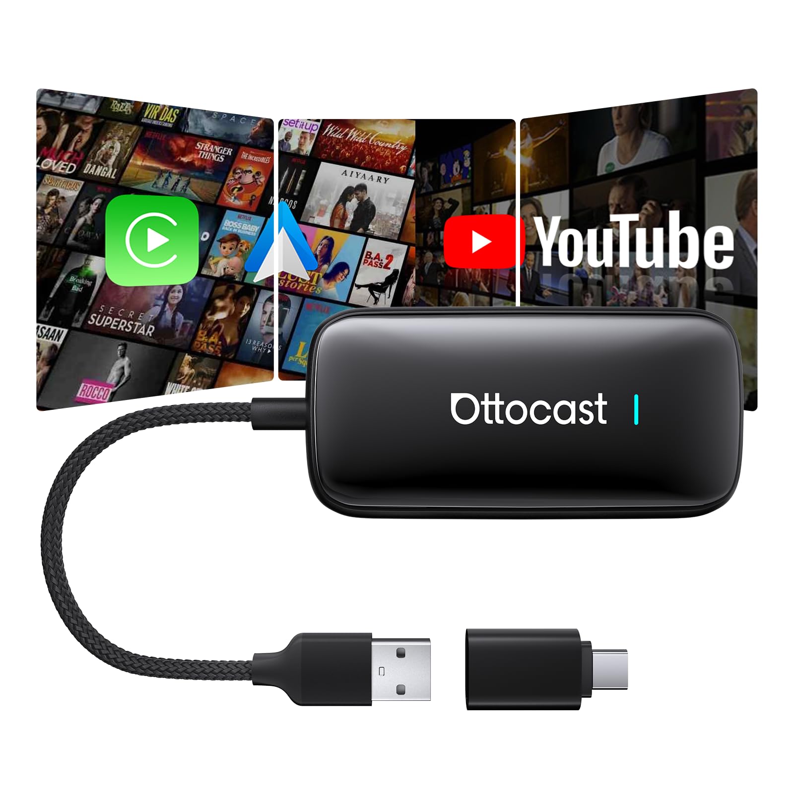 OTTOCAST Play2Video Ultra 2025, CarPlay e Android Auto Wireless con YouTube/Prime Video, Plug & Play, AI Box da 4 GB + 32 GB per Veicoli con CarPlay Cablato dal 2016