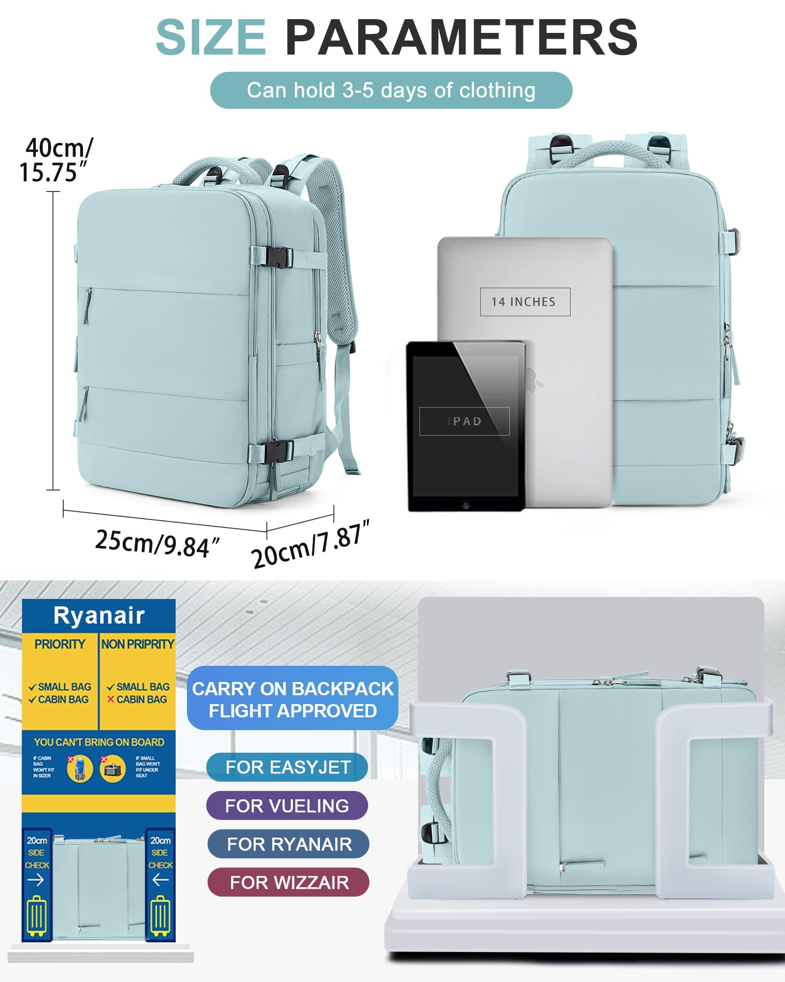 BJLFS Borse da Cabina per Ryanair 40x20x25 Zaino sottovuoto da viaggio Bagaglio a Mano con compressione sottovuoto,Zaino Easyjet 45x36x20,Zaini Casual per laptop da 14 pollici per scuola