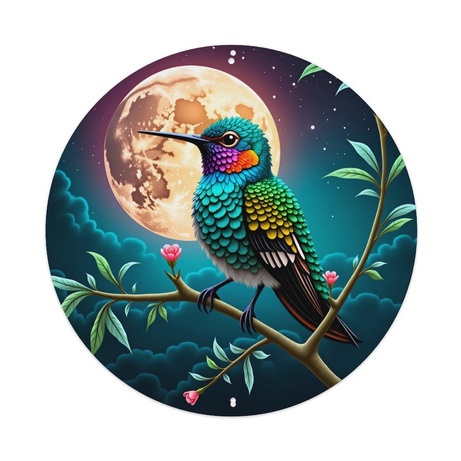 Colorful Bird Moon Night Branch Round Tin Sign Vintage Metal Poster, Home Bar Garage Man Cave Cafe Indoor & Outdoor Wall Decoration 8x8Inches