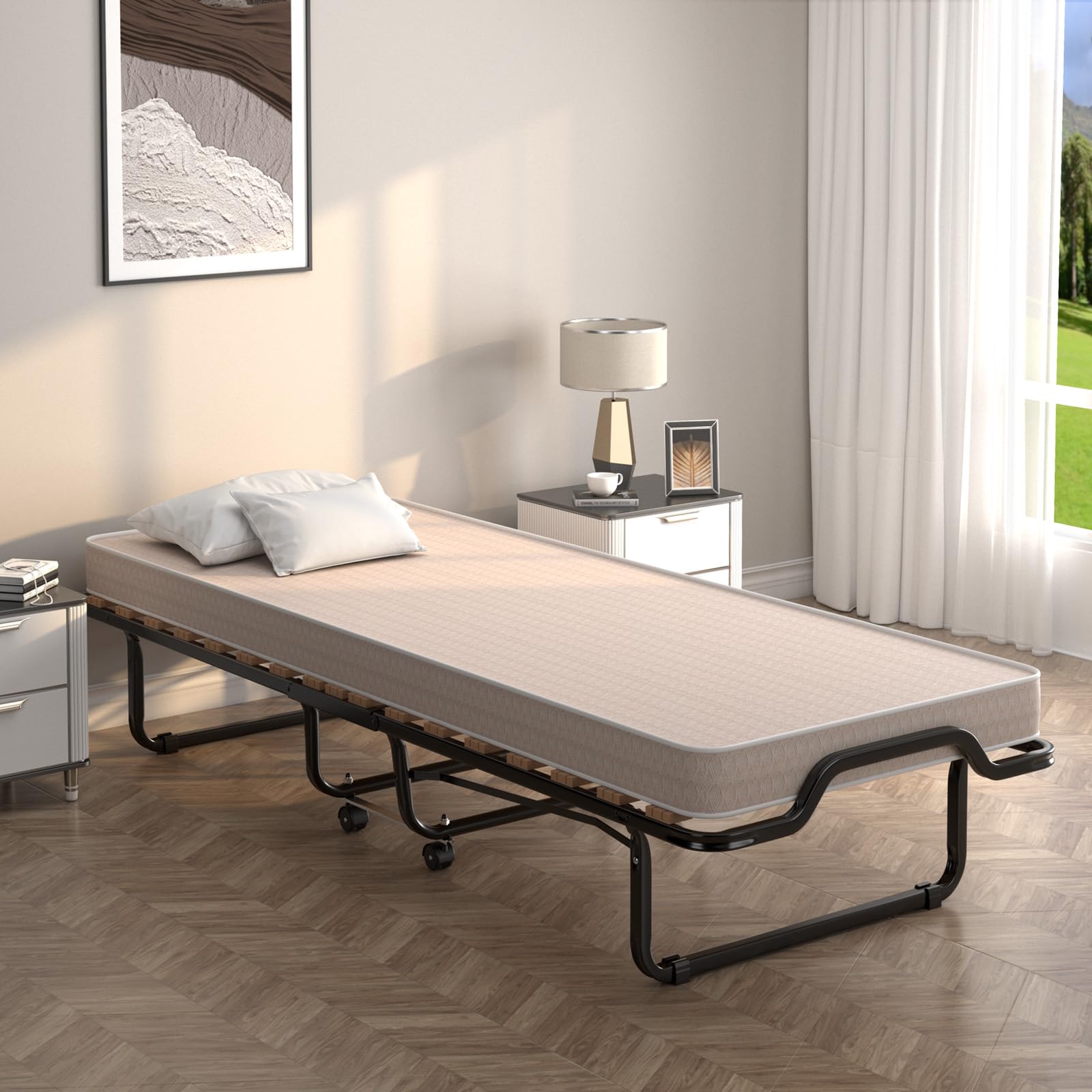 COSTWAY Gästebett klappbar 90x200 cm, Klappbett Erwachsene mit Matratze aus Rückstellschaum, Einzelbett mit 4 Rollen & Stabiler Metallrahmen, Reisebett für Camping & Gästezimmer (Beige)