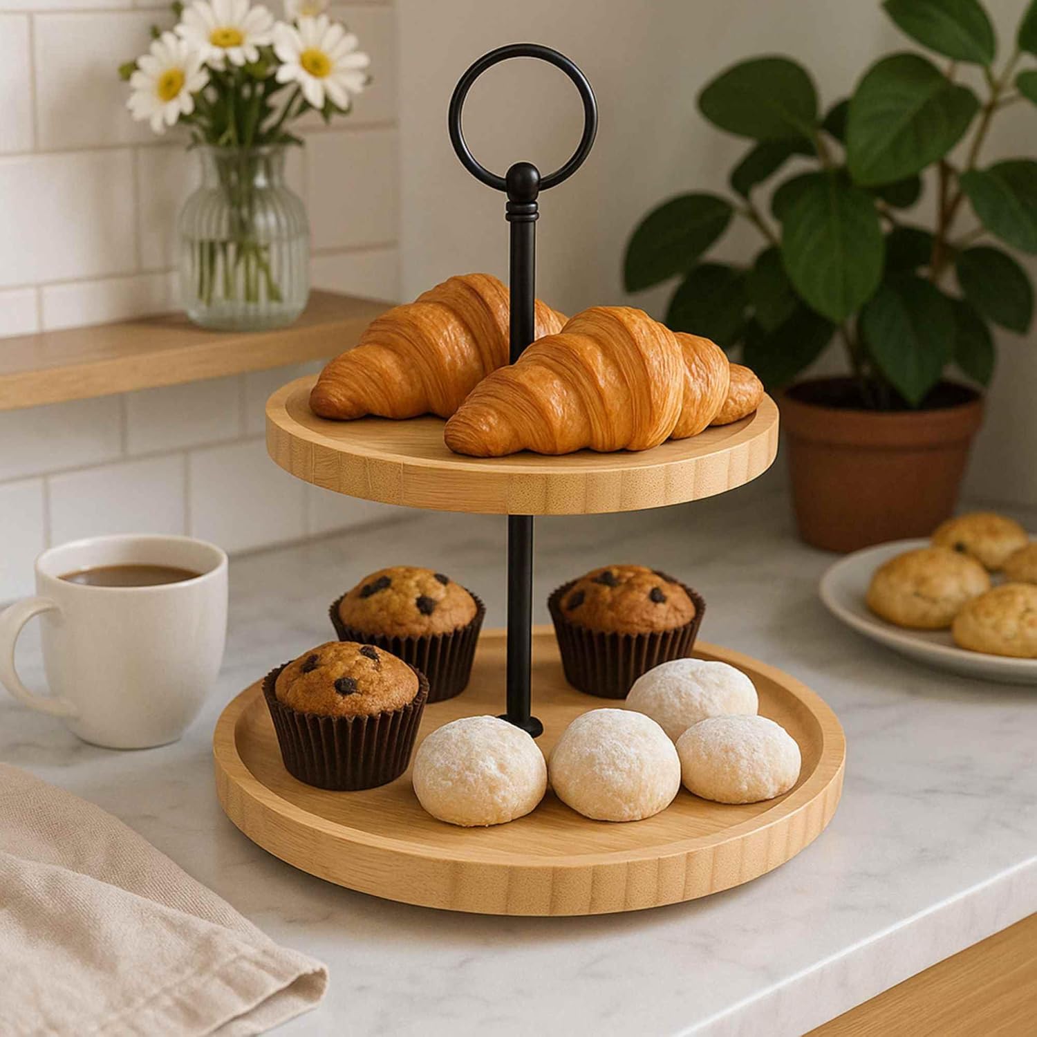 WELL HOME MOBILIARIO & DECORACIÓN Bamboo 2 Tier Food Stand Ideal for Serving and Presenting Dishes, Lightweight and Durable