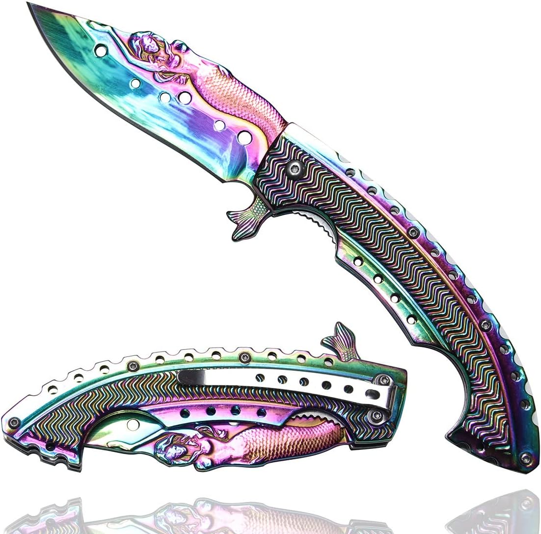 Generic Folding Pocket Knife - Mermaid Multi-Function Tools - Spring Assisted Opening Utility Knife - Multi Color Rainbow