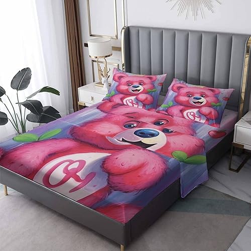 Juego de sábanas de oso tamaño Queen, sábanas de dibujos animados, sábanas y fundas de almohada estampadas de 4 piezas, sábana bajera ajustable de