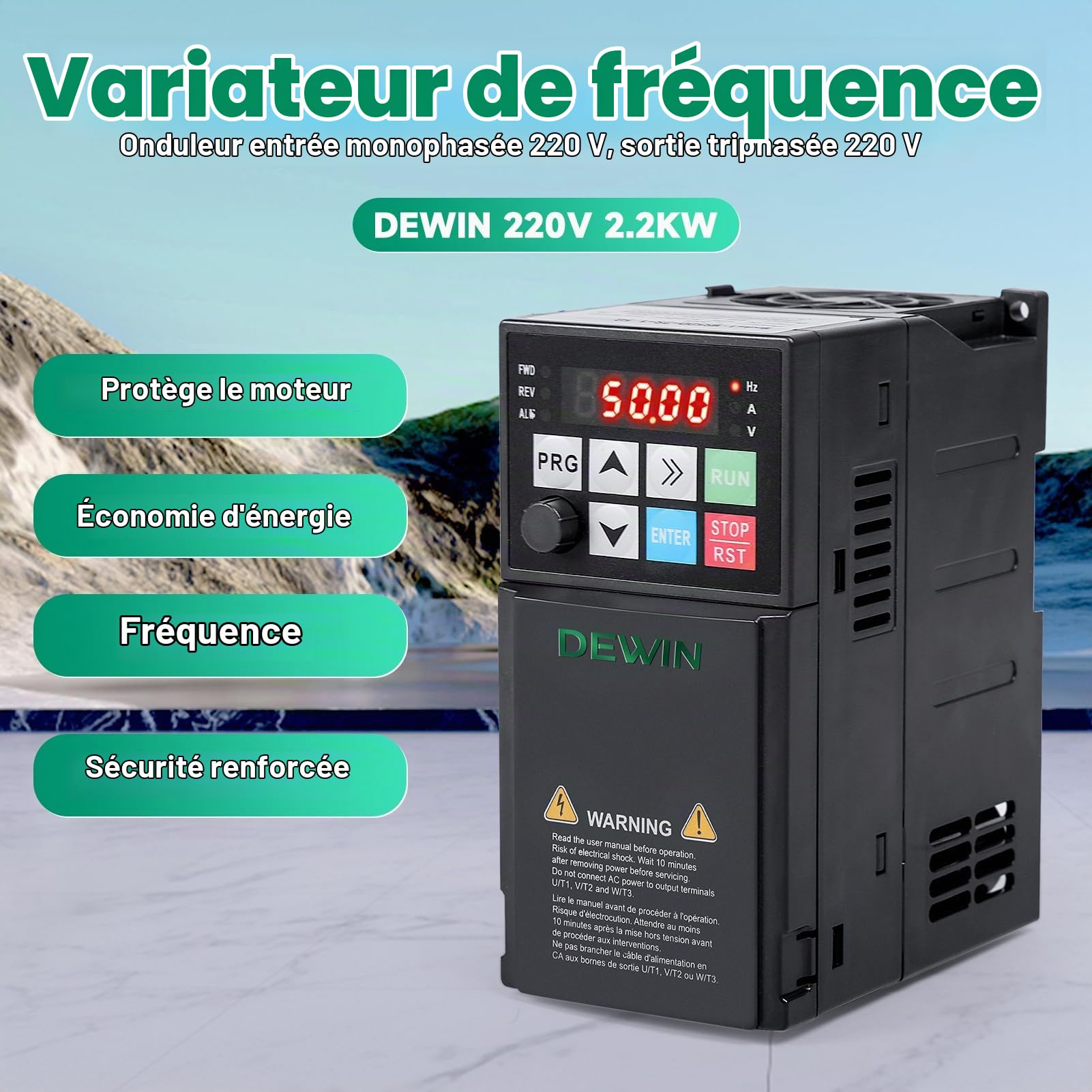 DEWIN Convertisseur de Fréquence, 2,2 kW VFD Entrée Monophasée 220 V Sortie Triphasée 220V Variateur de Fréquence Contrôleur de Vitesse de Moteur