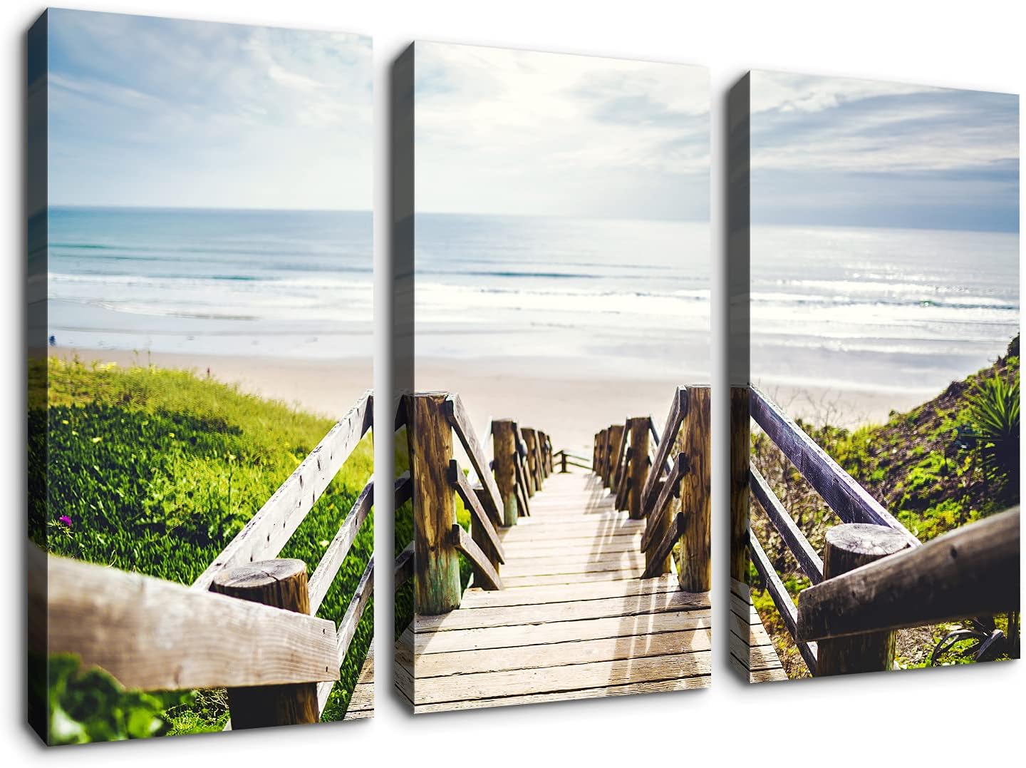 Denozer 3 paneles de arte de pared de camino de madera junto a la playa arte gráfico sobre lienzo envuelto para decoración de pared, estirado y