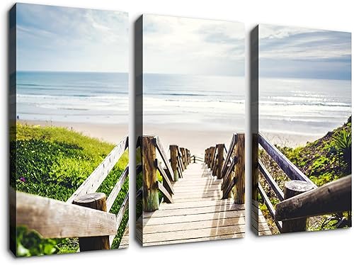 Denozer 3 paneles de arte de pared de camino de madera junto a la playa arte gráfico sobre lienzo envuelto para decoración de pared, estirado y disponible en Yaxa Mexico