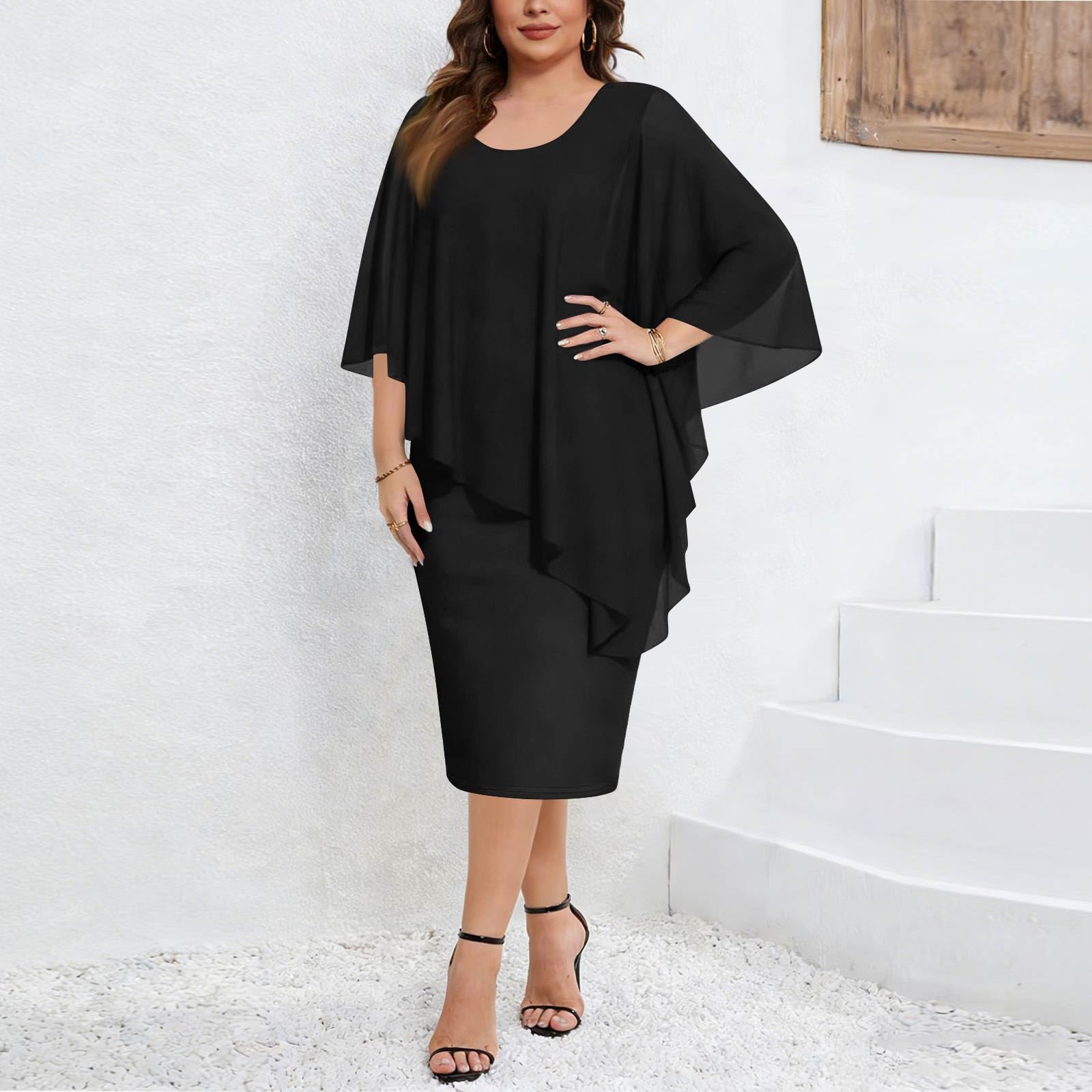 Abendkleider für Hochzeit Damen Große Größen Chiffon Kleid Hochzeitsgast Damen Midi Etuikleid Elegant Festliche Kleider Für Mollige Frauen Chiffon Abschlusskleider Ballkleider mit Ärmel Partykleid