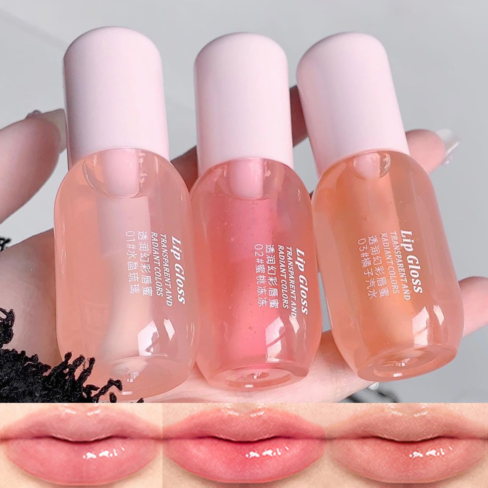 3Pcs Clear Tinted Lip Gloss Oil Set,Plumping Pink Lip Gloss for Women,Hydrating Long Lasting Lip Gloss Base,Glossy Finish Nourishing Crystal Lip Makeup