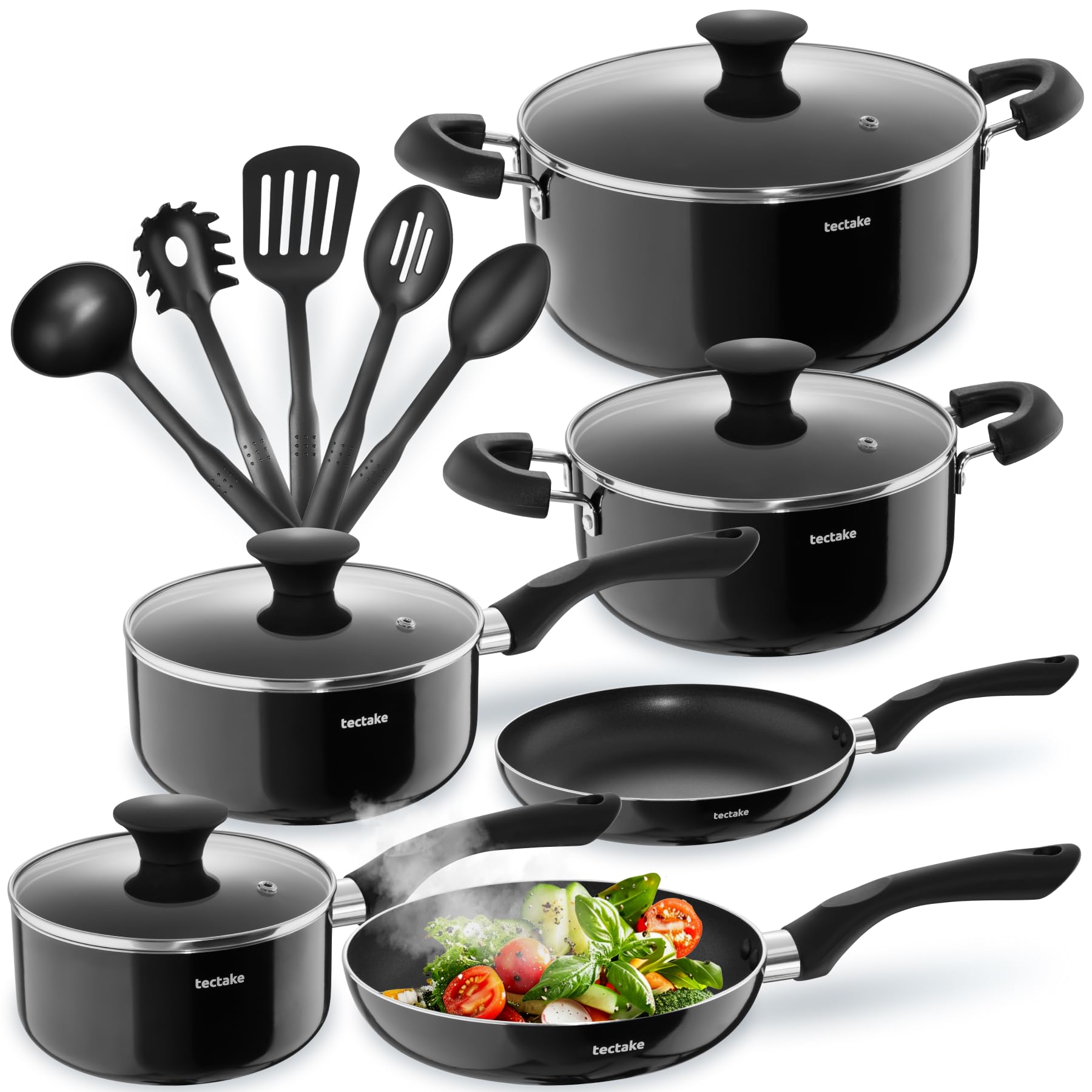 tectake® 15tlg Set mit 5x Küchenhelfer, 2x Pfanne, 4x Topf, jeweils mit Deckel, Kochtopf Set Antihaft Beschichtung, Töpfe + Pfannen aus Aluminium, Zubehör für Haushalt, Camping und Küche