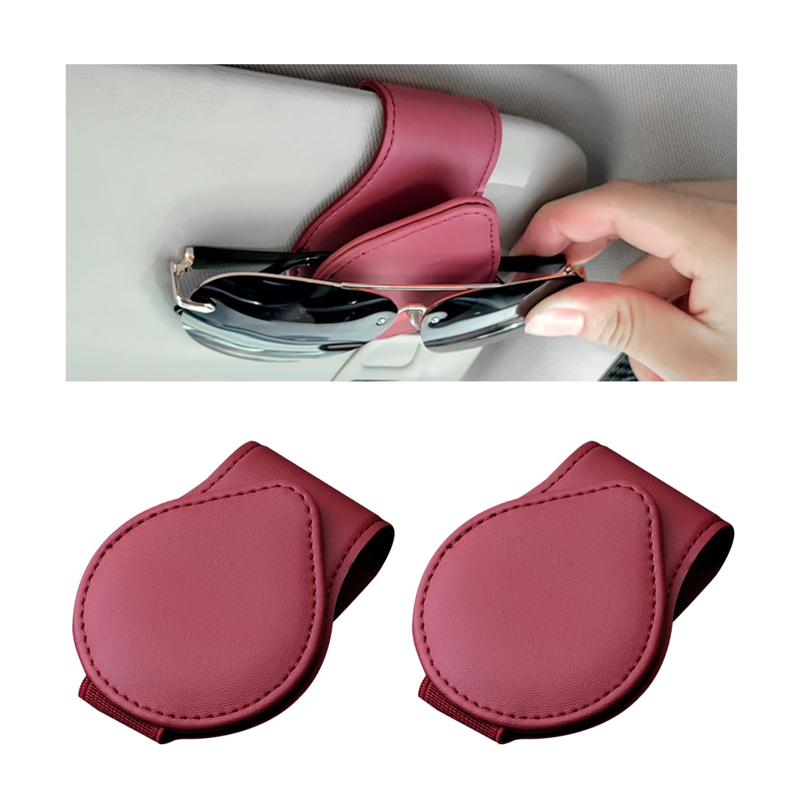 2 PCS Car Sunglass Holder, Vehicle Magnetic Leather Eyeglasses Hanger Mounter, Eyeglasses Sunglass Holder Suitable for Most Cars, Universal Interior Car Accessories (Wine Red)