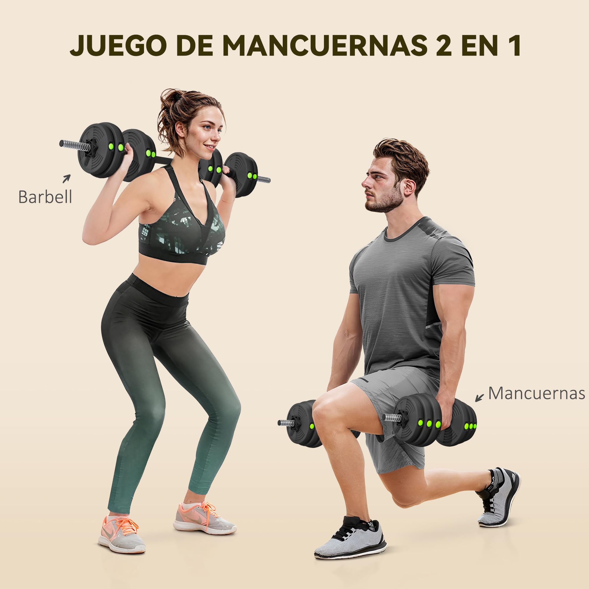 SPORTNOW Juego de Mancuernas Ajustables 2 en 1, 15kg a 30kg, Juego de Pesas con Barra de Conexión y Mango Antideslizante, Pesas y Mancuernas para Hombres y Mujeres, Ejercicio de Fitness, Casa Gimnasio