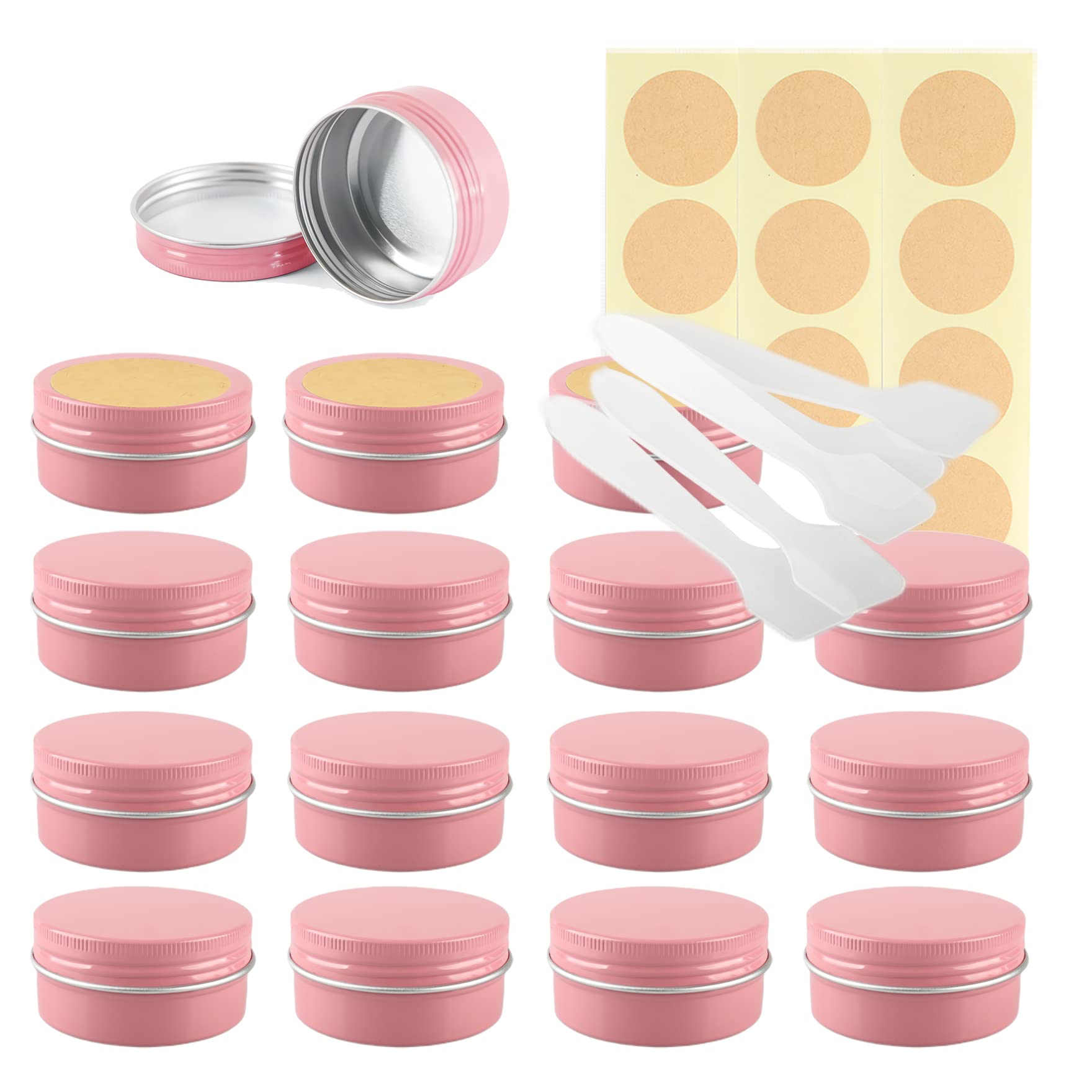 LusDoly Pack of 30 Empty 50ml Pink Aluminium Tins with Lids - Ø57x28mm Round Aluminum Screw Pots Travel Round Cosmetic Cream Container Jars for Candle Lip Balm, Salve with Spatulas & Labels